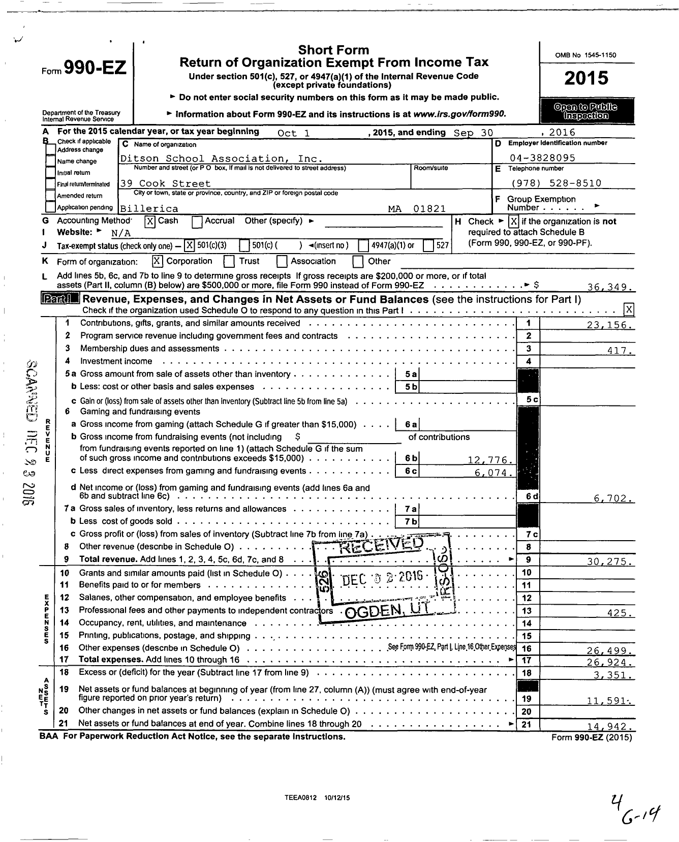 Image of first page of 2015 Form 990EZ for Ditson School Association