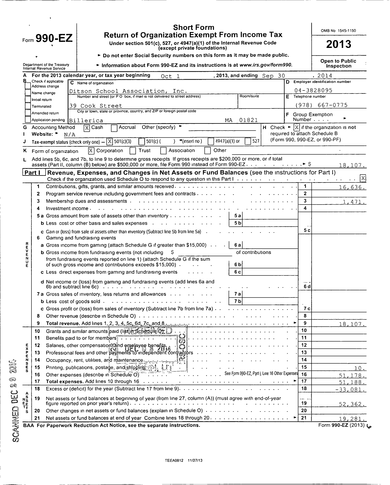 Image of first page of 2013 Form 990EZ for Ditson School Association