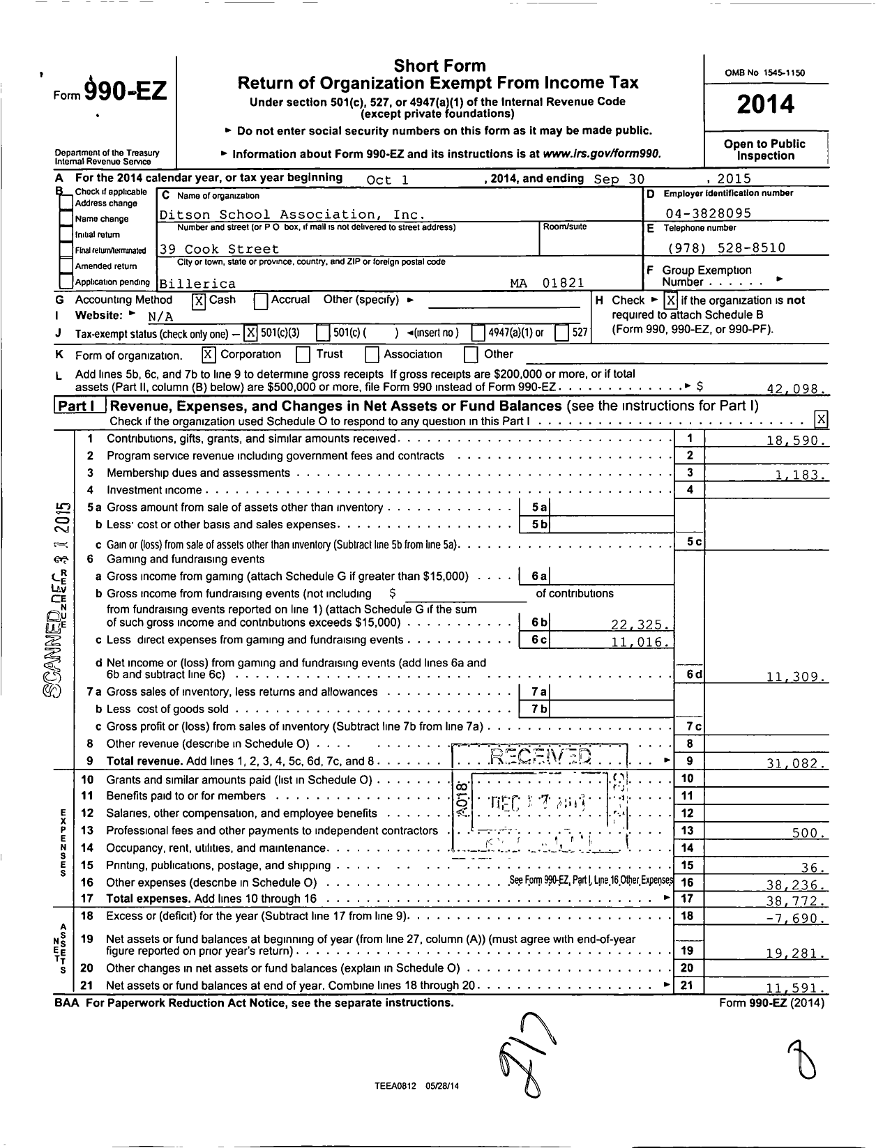 Image of first page of 2014 Form 990EZ for Ditson School Association