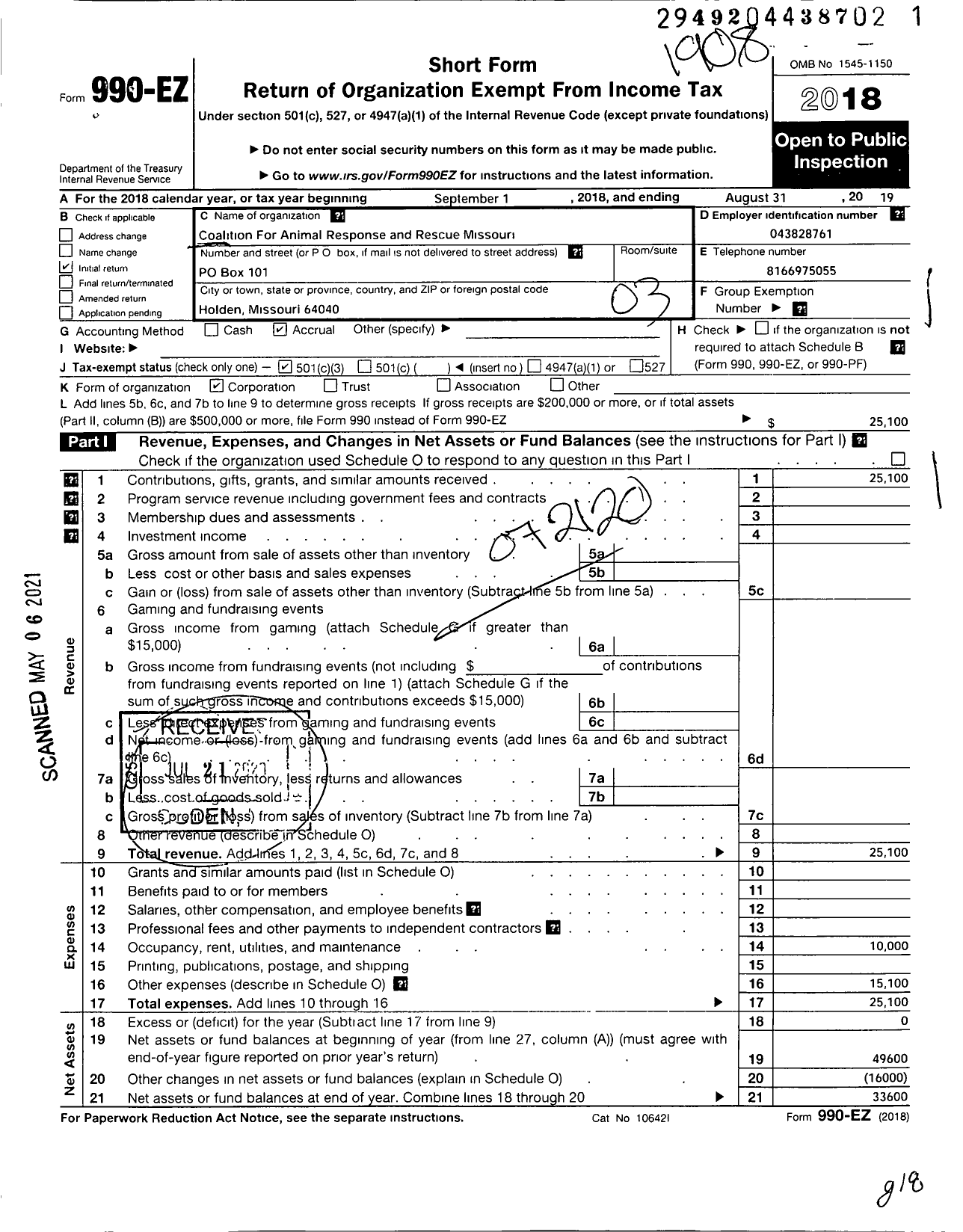 Image of first page of 2018 Form 990EZ for Coalition for Animal Response and Rescue Missouri