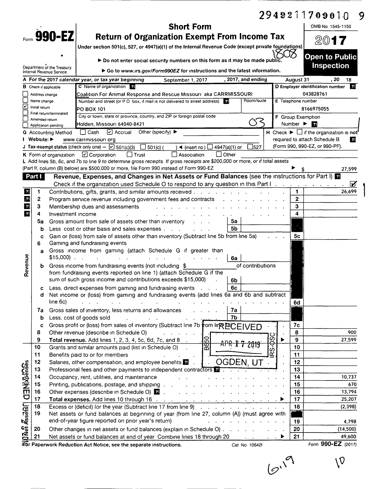 Image of first page of 2017 Form 990EZ for Coalition for Animal Response and Rescue Missouri