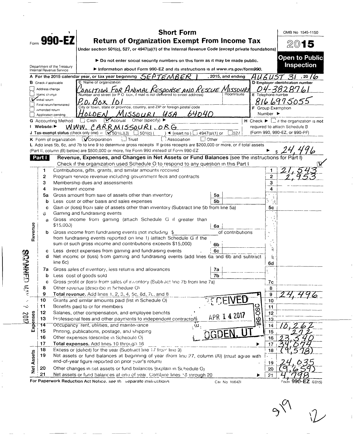 Image of first page of 2015 Form 990EZ for Coalition for Animal Response and Rescue Missouri