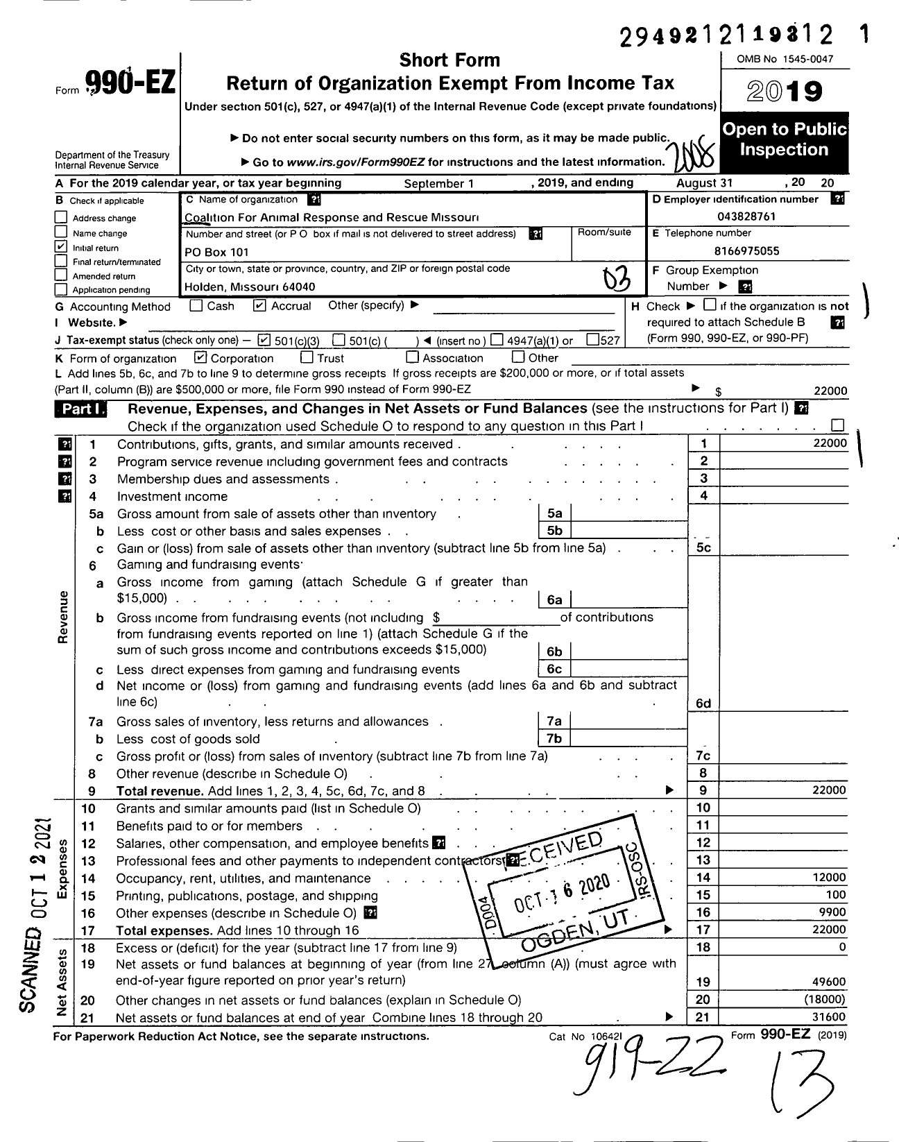 Image of first page of 2019 Form 990EZ for Coalition for Animal Response and Rescue Missouri