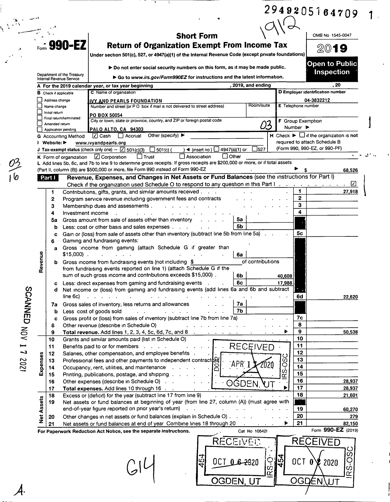 Image of first page of 2019 Form 990EZ for Ivy and Pearls Foundation
