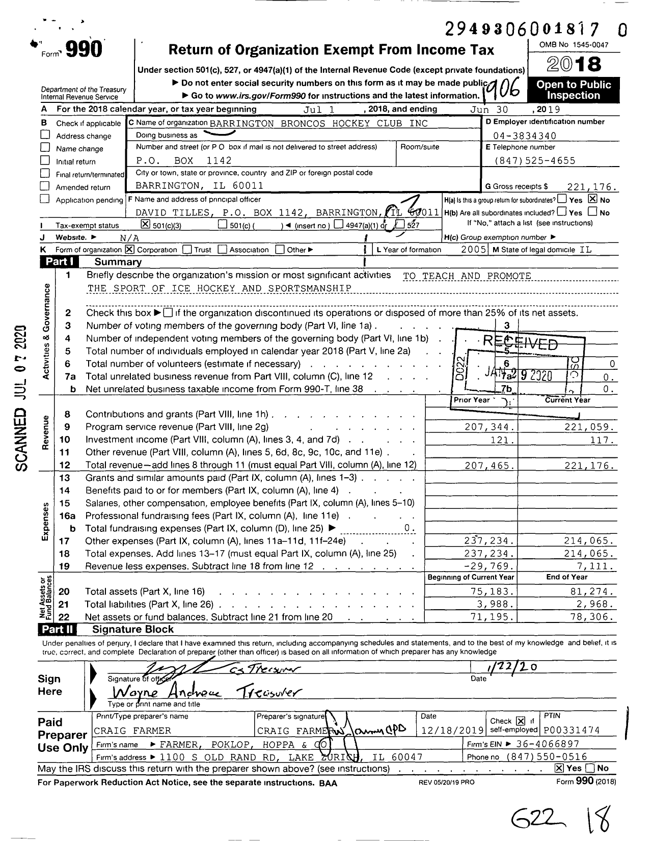 Image of first page of 2018 Form 990 for Barrington Broncos Hockey Club