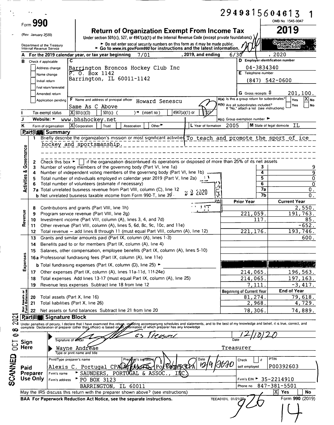 Image of first page of 2019 Form 990 for Barrington Broncos Hockey Club