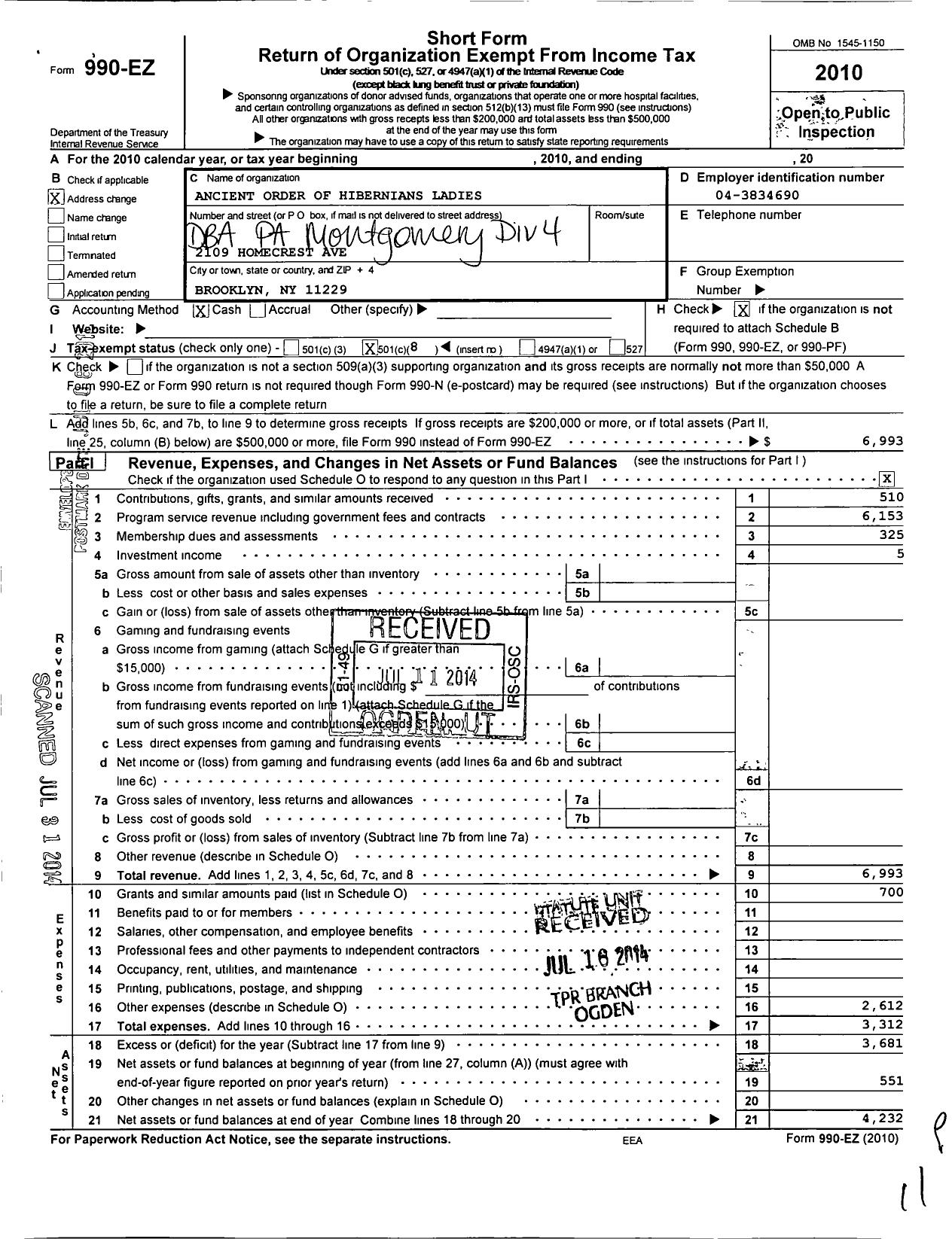 Image of first page of 2010 Form 990EO for Ancient Order of Hibernians Ladies