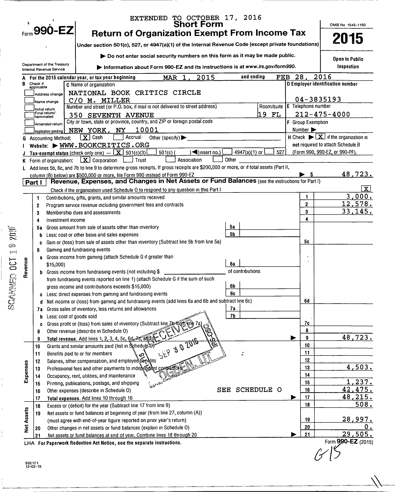 Image of first page of 2015 Form 990EZ for National Book Critics Circle