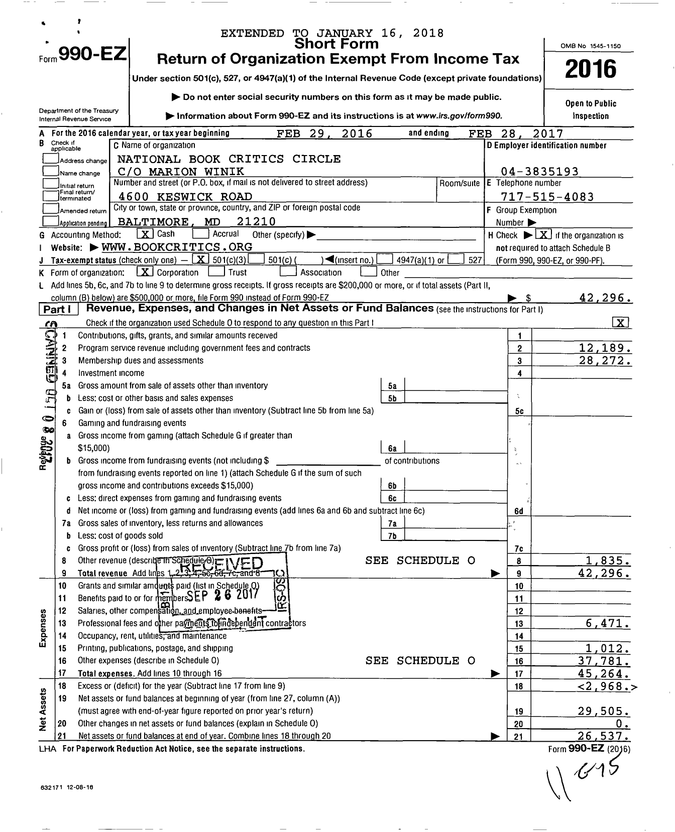 Image of first page of 2016 Form 990EZ for National Book Critics Circle