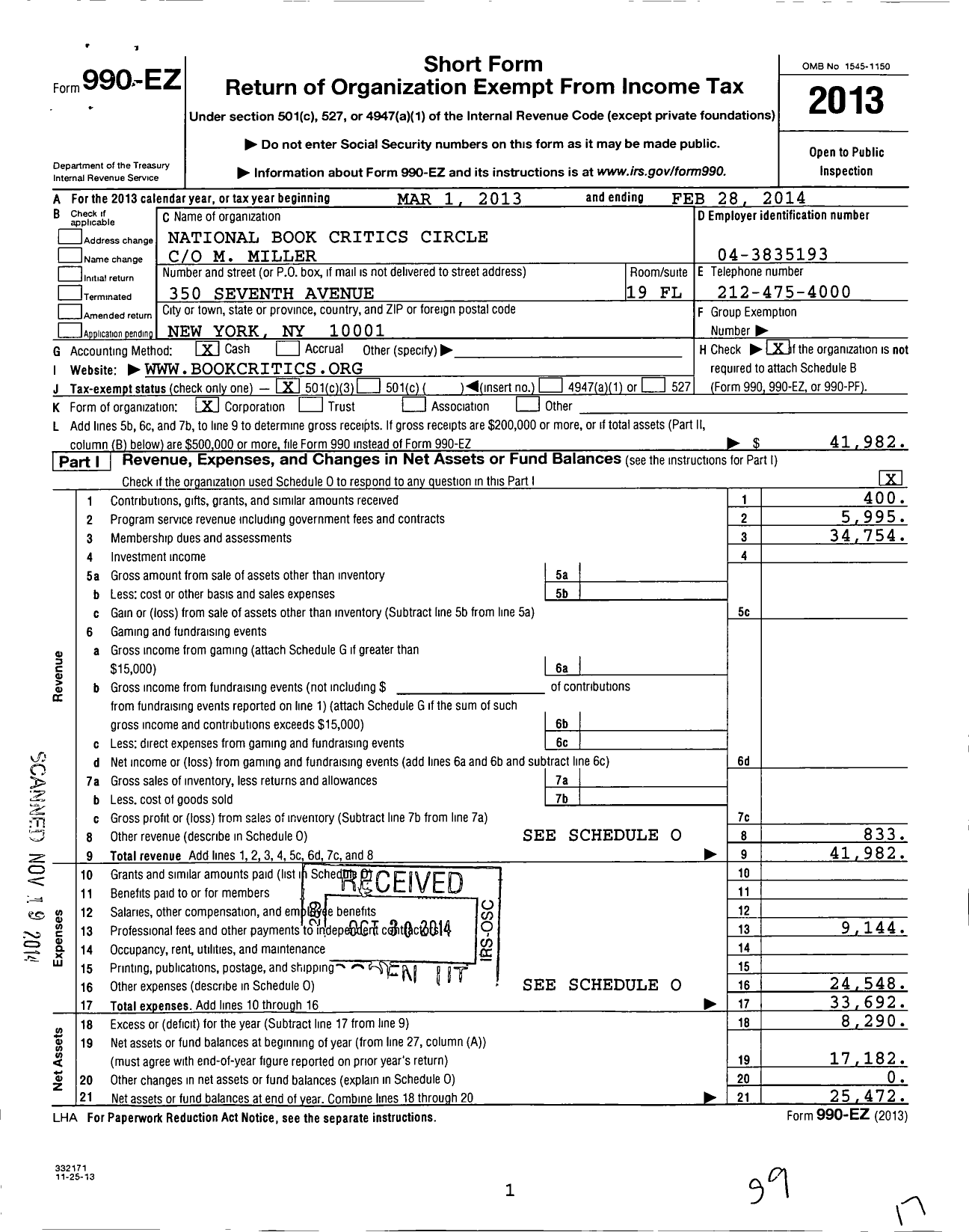 Image of first page of 2013 Form 990EZ for National Book Critics Circle