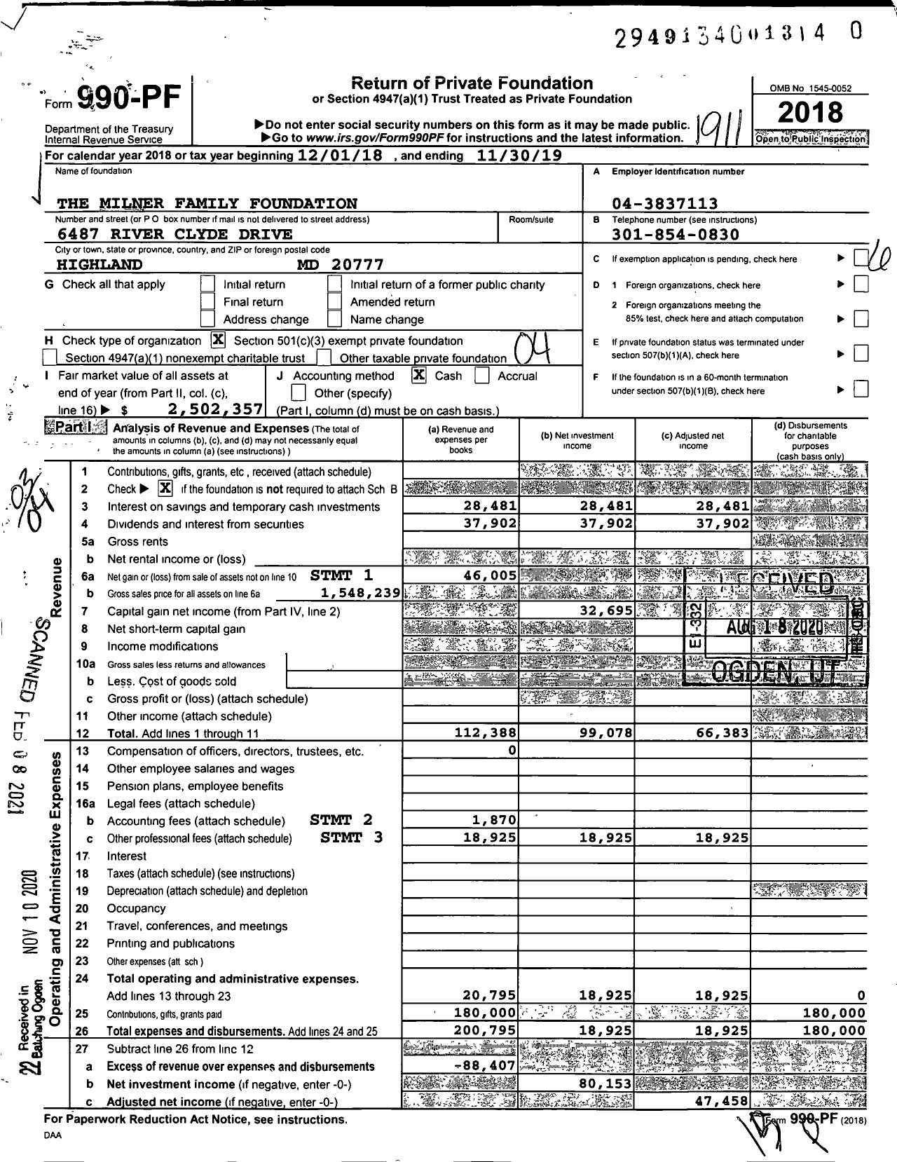 Image of first page of 2018 Form 990PF for The Milner Family Foundation