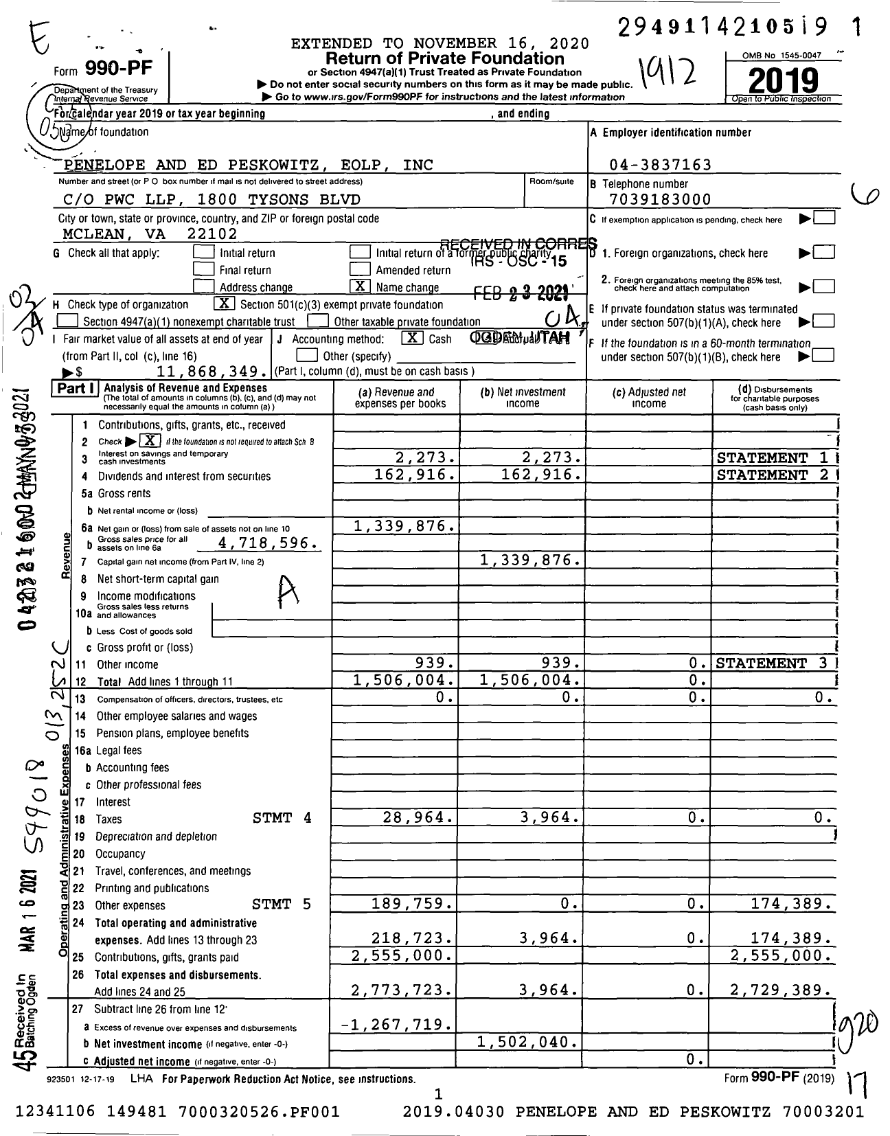 Image of first page of 2019 Form 990PF for Penelope and Ed Peskowitz Eolp