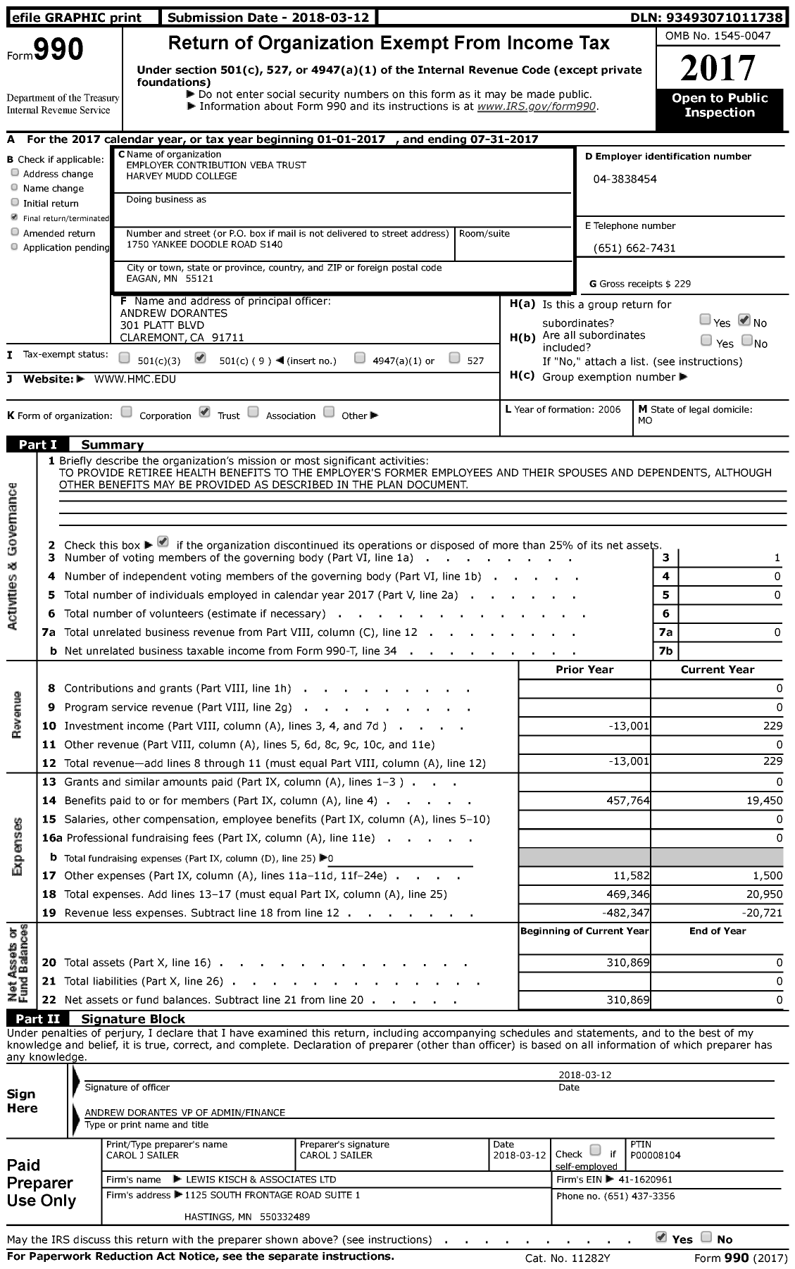 Image of first page of 2016 Form 990 for Employer Contribution Veba Trust Harvey Mudd College