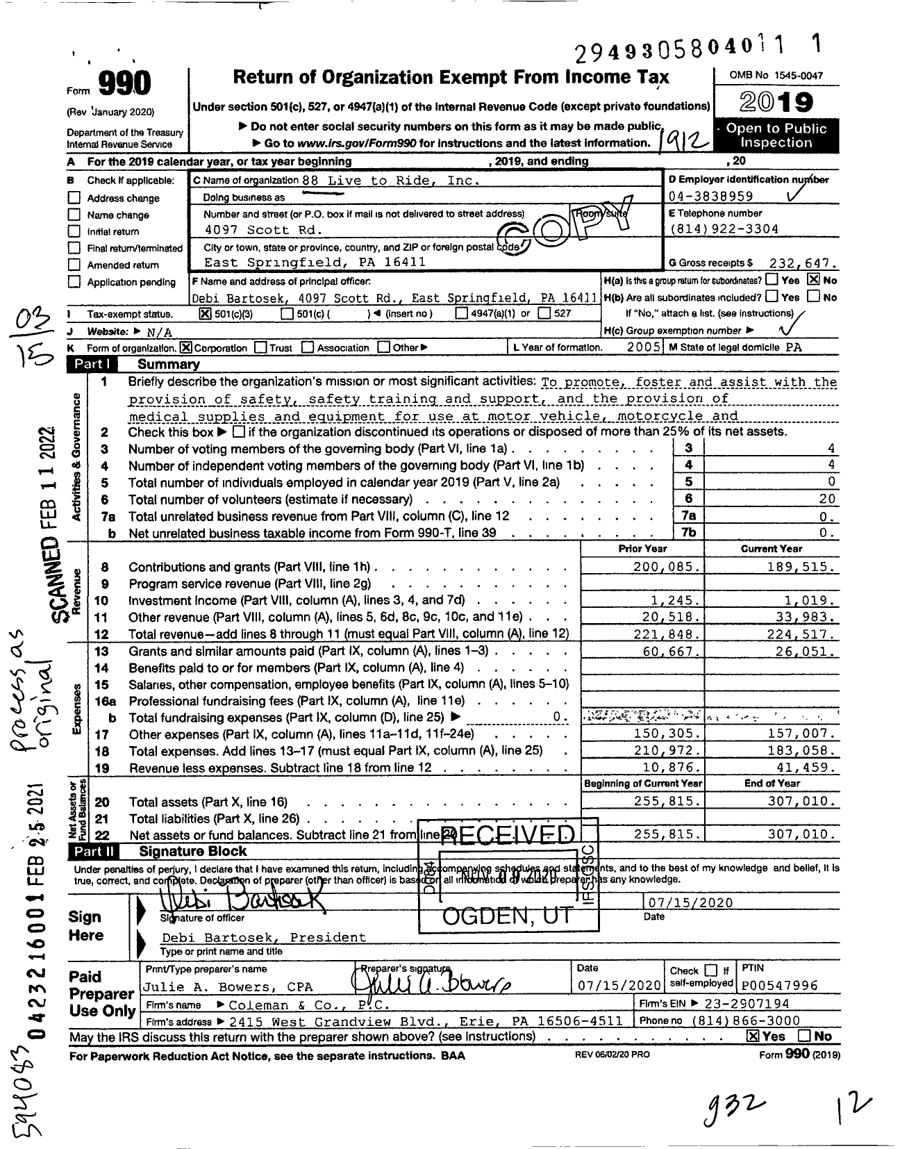 Image of first page of 2019 Form 990 for 88 Live to Ride