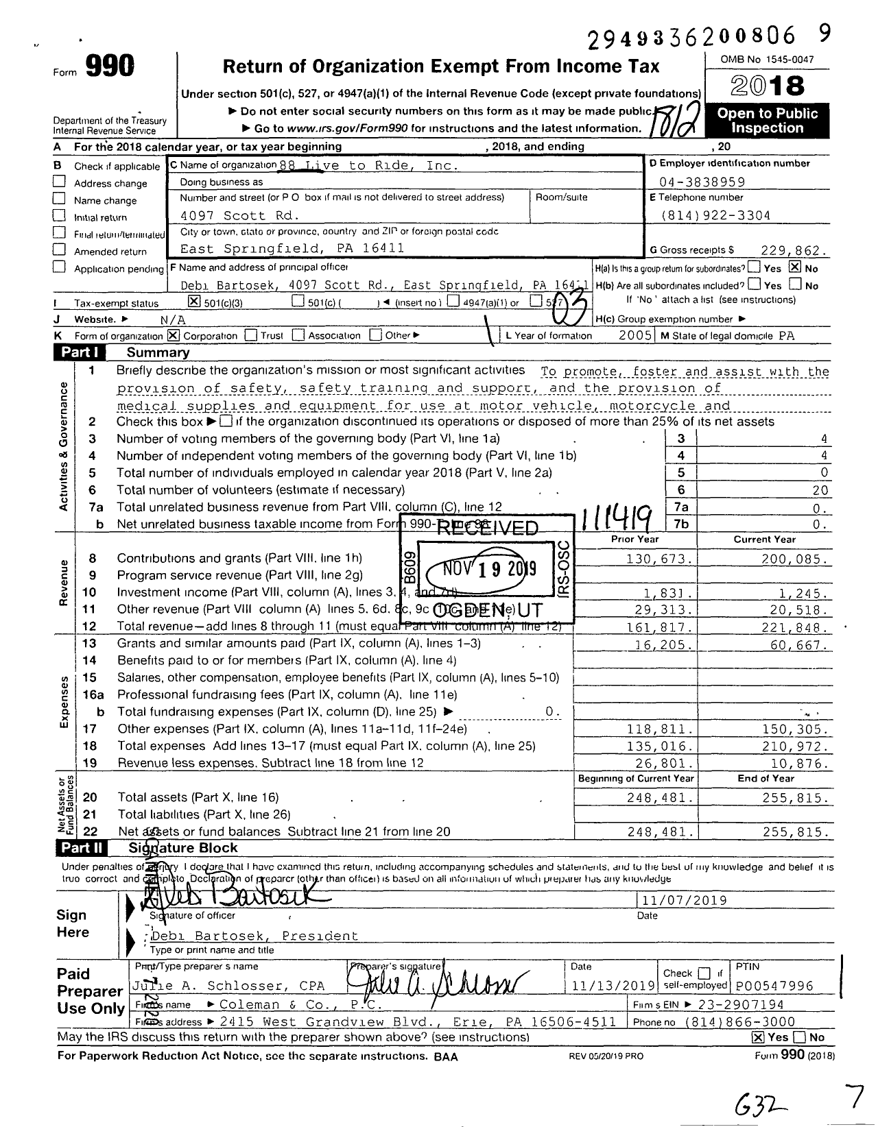 Image of first page of 2018 Form 990 for 88 Live to Ride