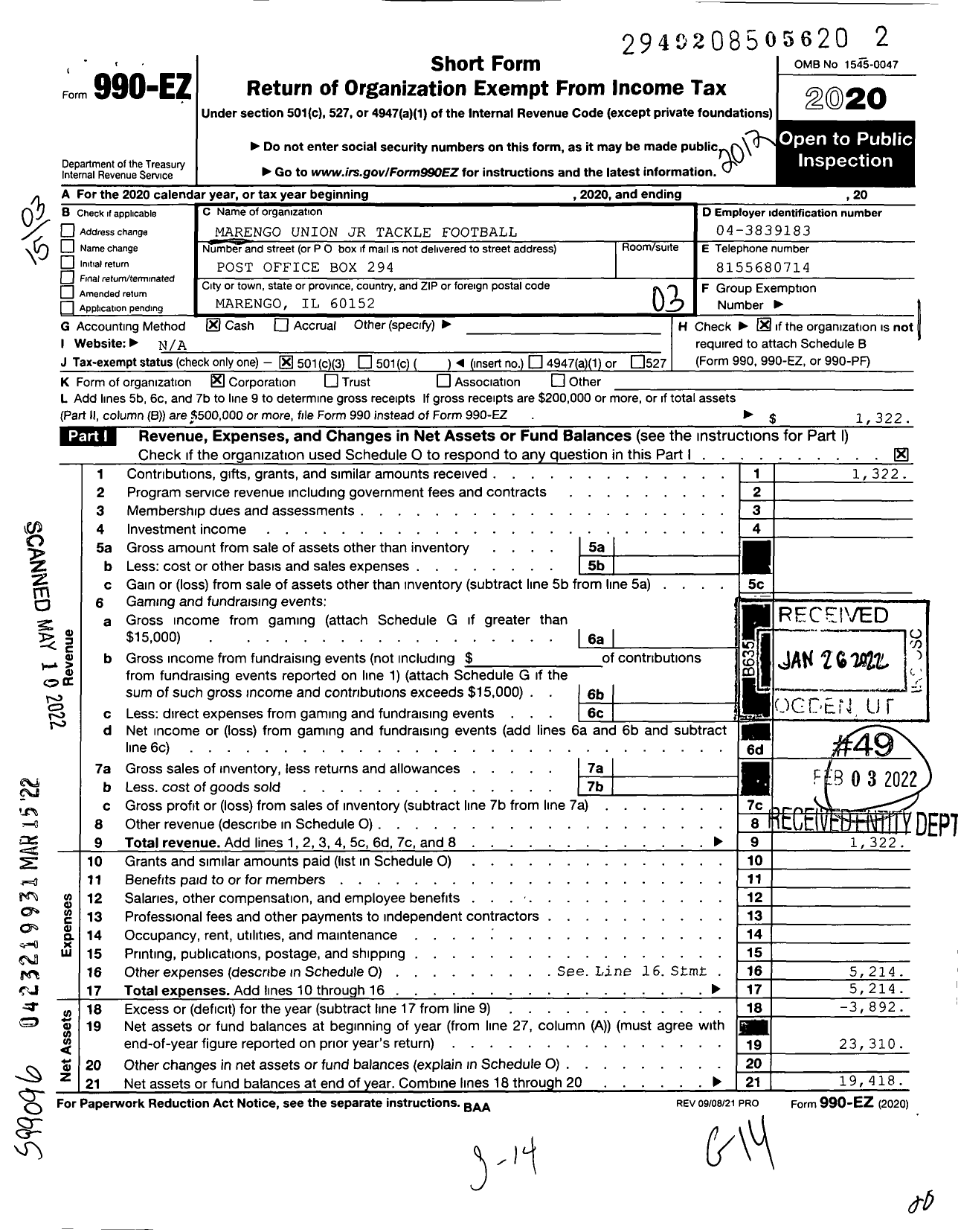 Image of first page of 2020 Form 990EZ for Marengo Union JR Tackle Football