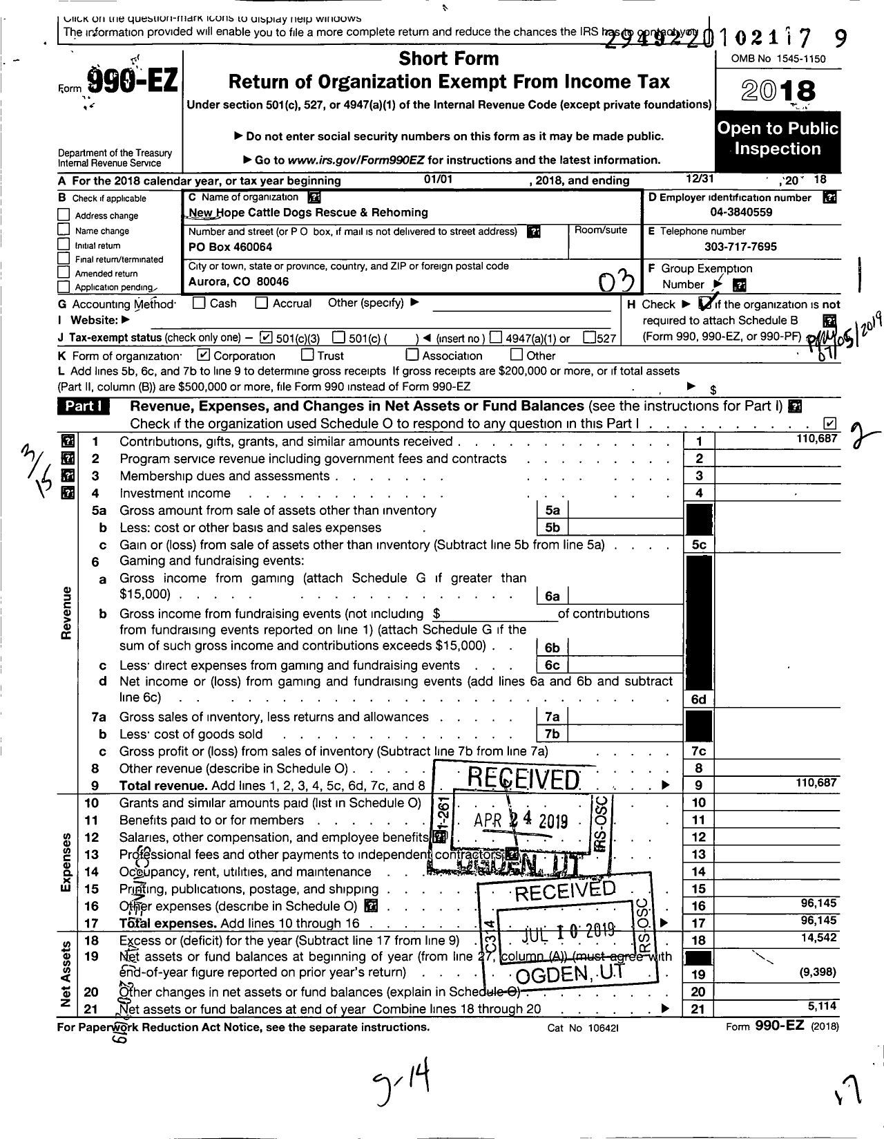 Image of first page of 2018 Form 990EZ for New Hope Cattle Dogs Rescue and Rehoming