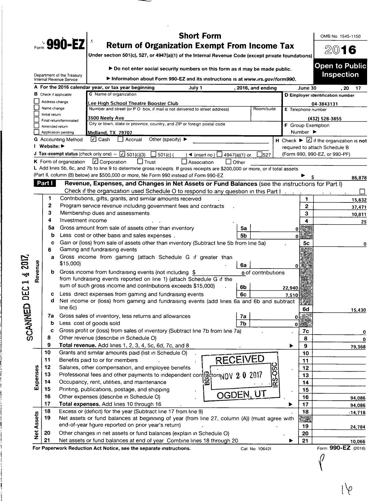 Image of first page of 2016 Form 990EZ for Lee High School Theatre Booster Club