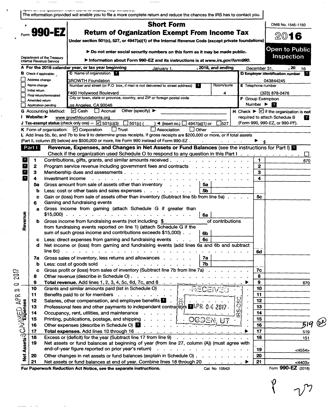 Image of first page of 2016 Form 990EZ for Growth Foundation