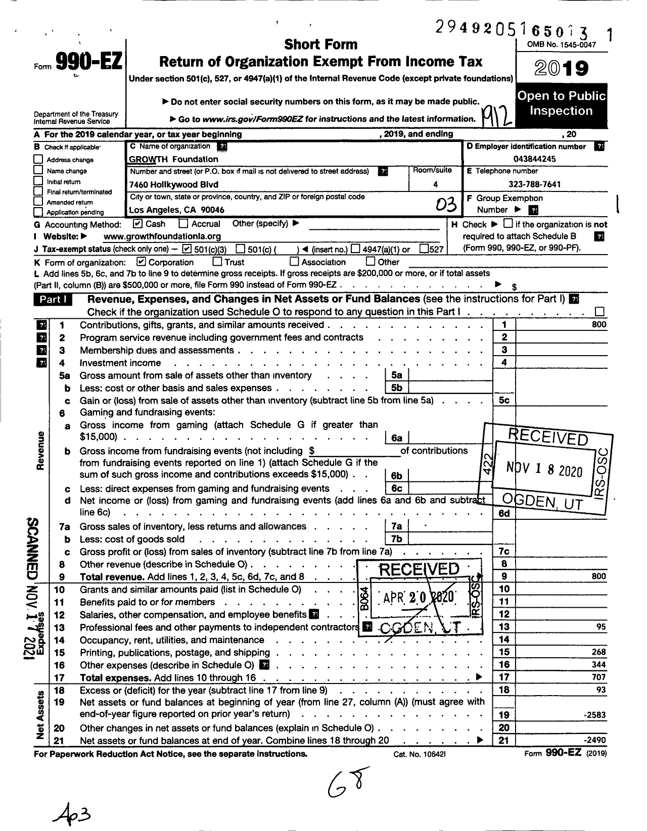 Image of first page of 2019 Form 990EZ for Growth Foundation