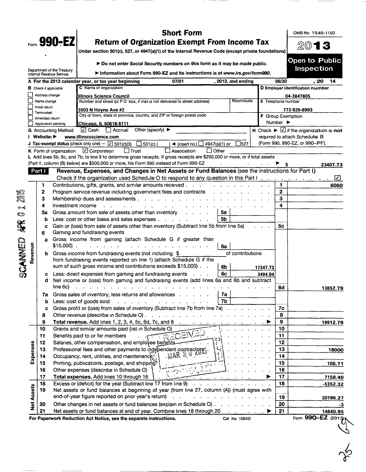 Image of first page of 2013 Form 990EZ for Illinois Science Council