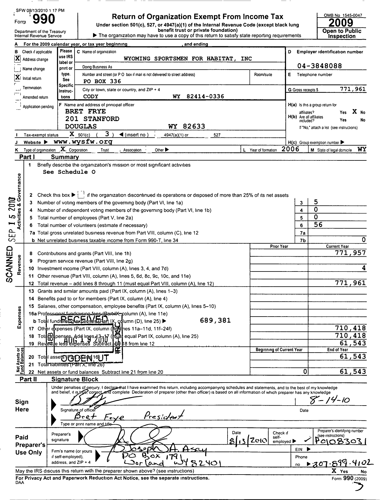 Image of first page of 2009 Form 990 for Wyoming Sportsmen for Habitat