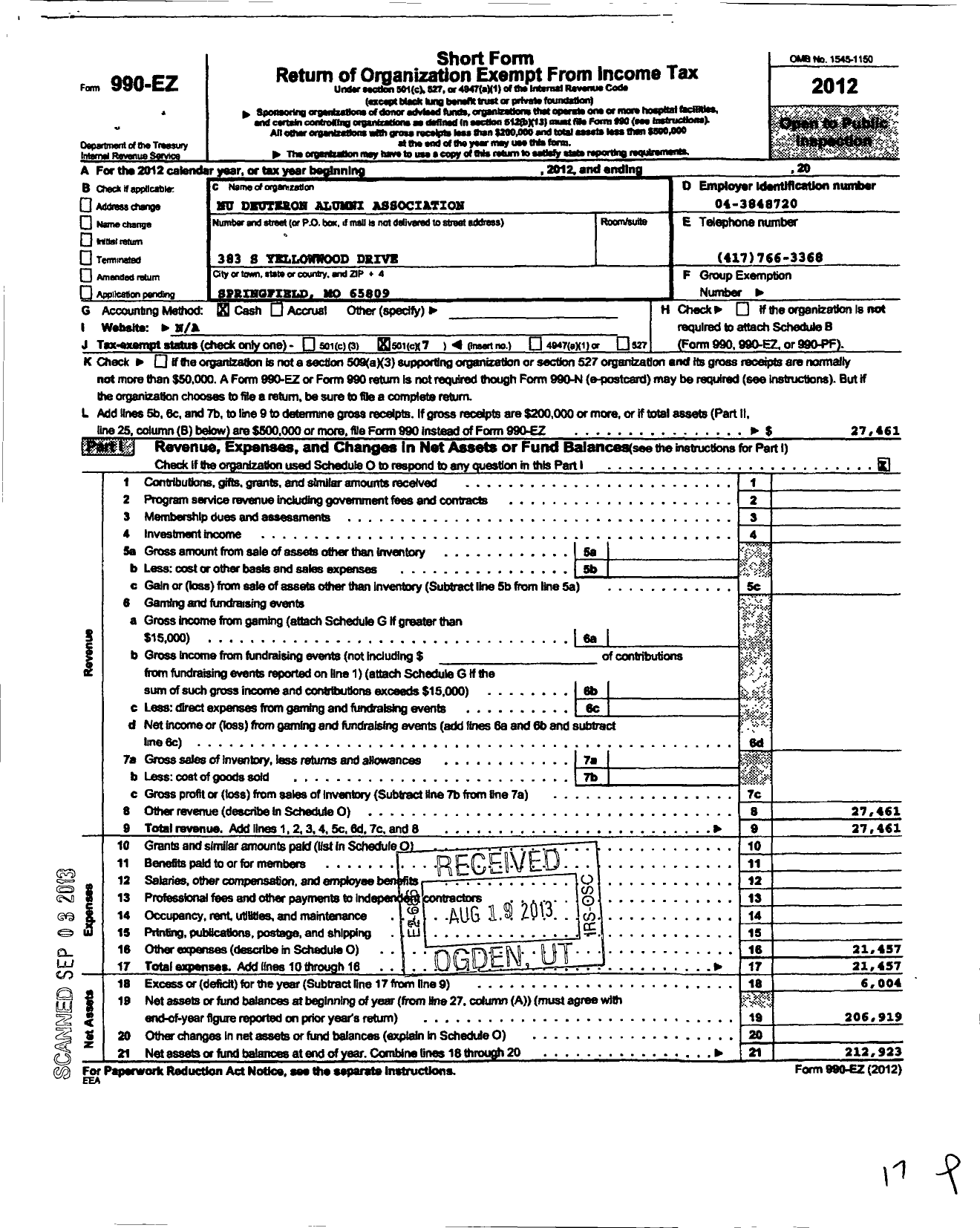 Image of first page of 2012 Form 990EO for Nu Deuteron Alumni Association