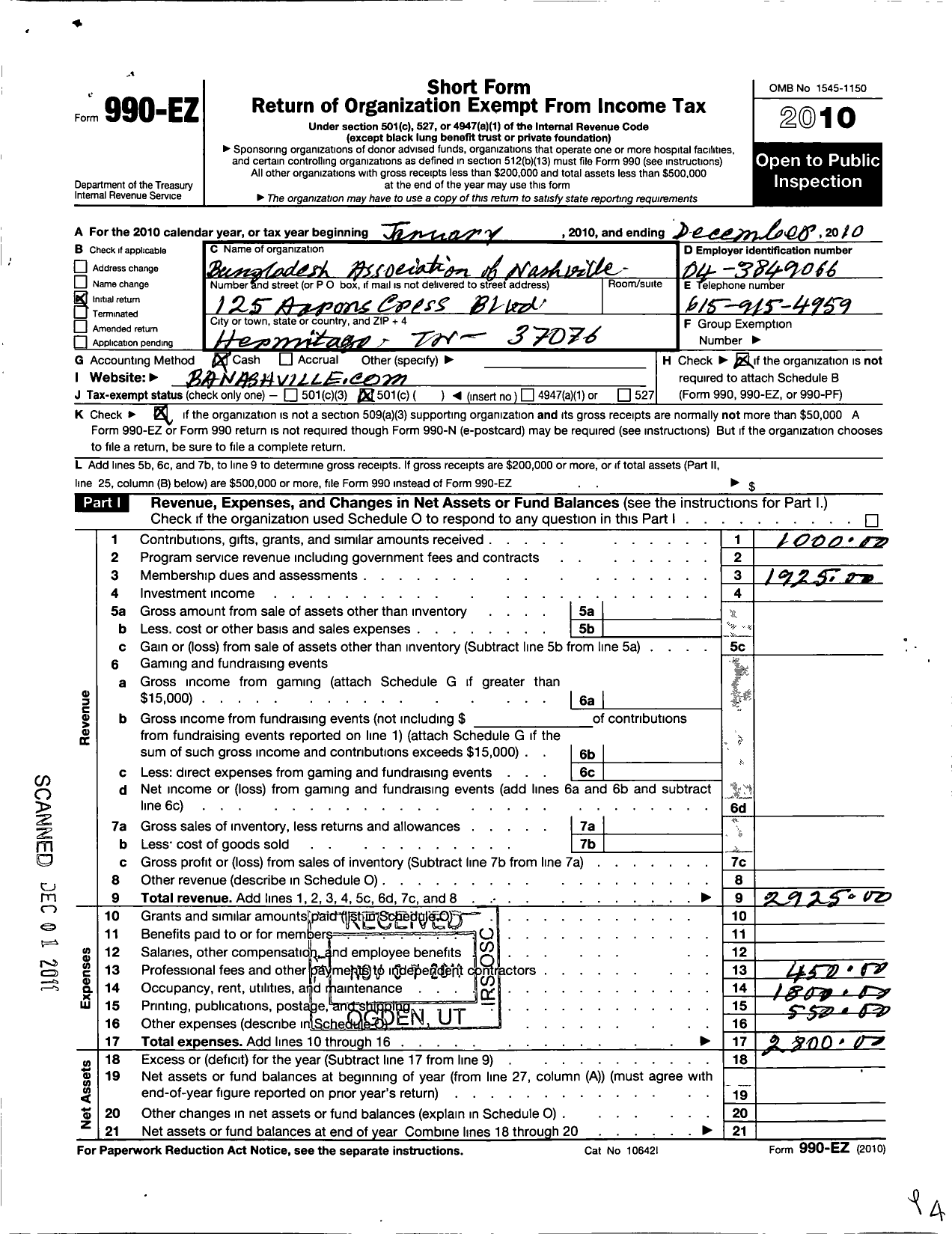 Image of first page of 2010 Form 990EO for Bangladesh Association of Nashville