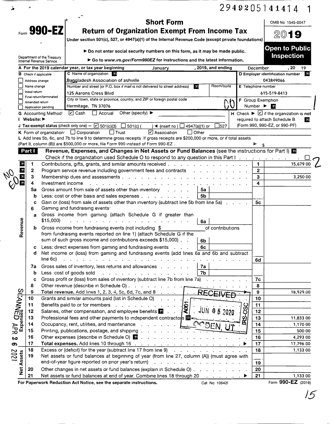 Image of first page of 2019 Form 990EO for Bangladesh Association of Nashville