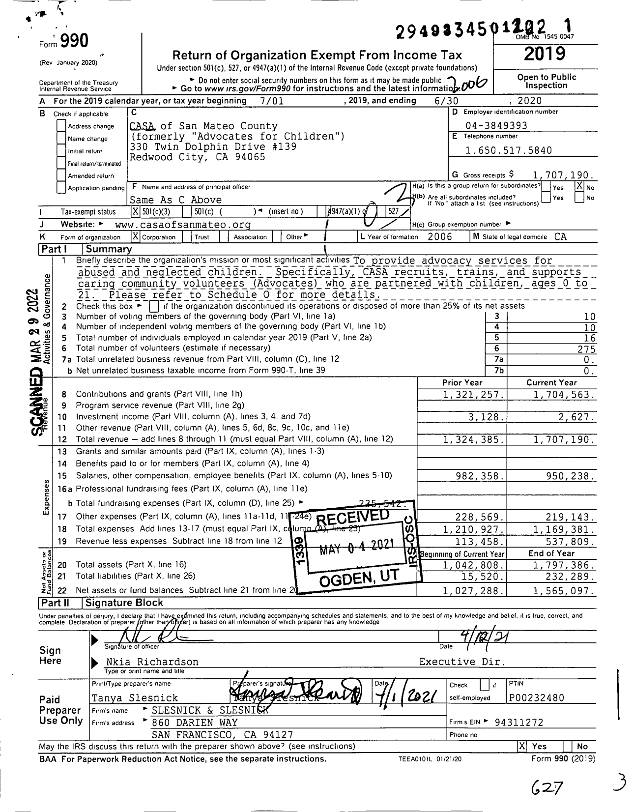 Image of first page of 2019 Form 990 for CASA of San Mateo County