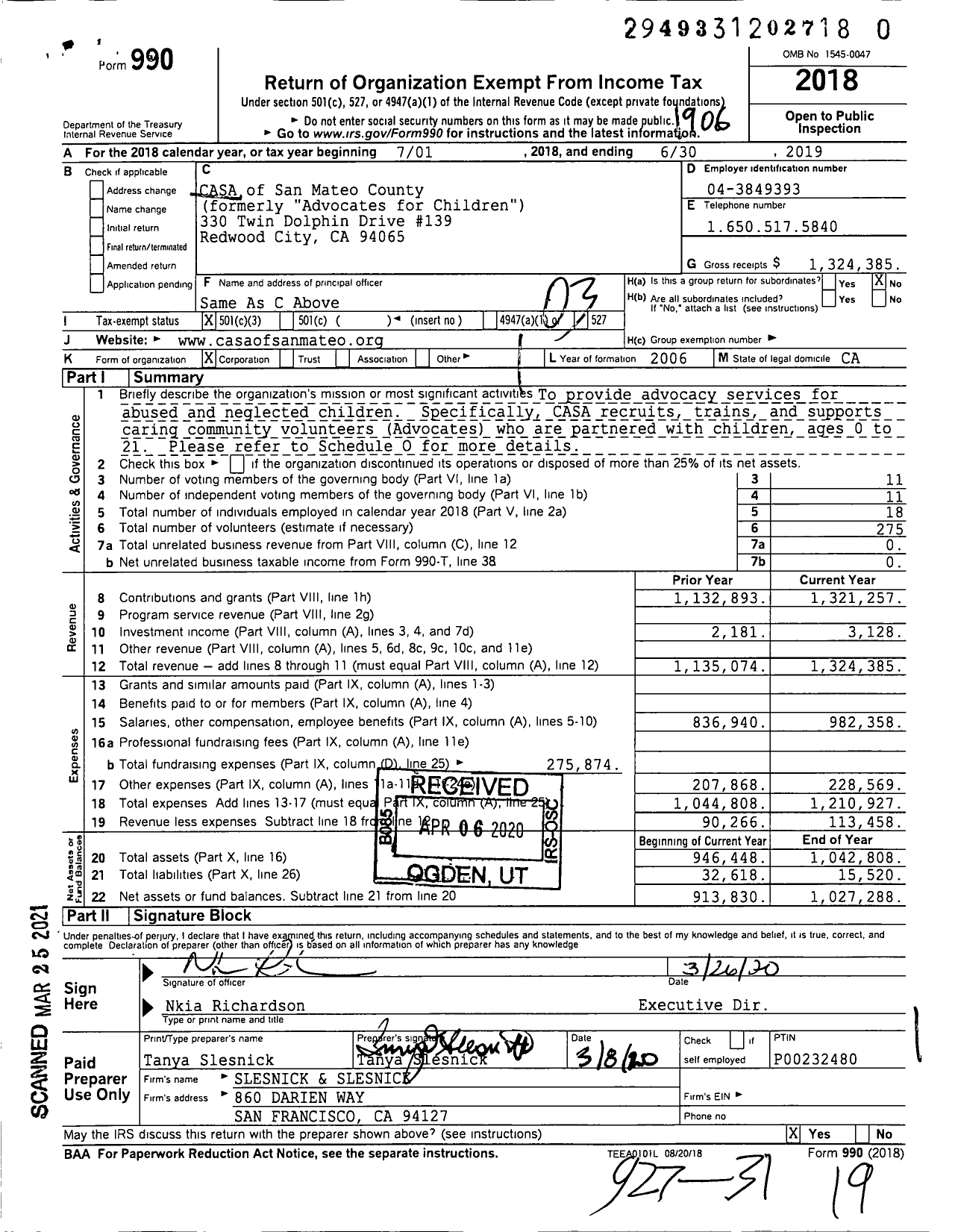 Image of first page of 2018 Form 990 for CASA of San Mateo County