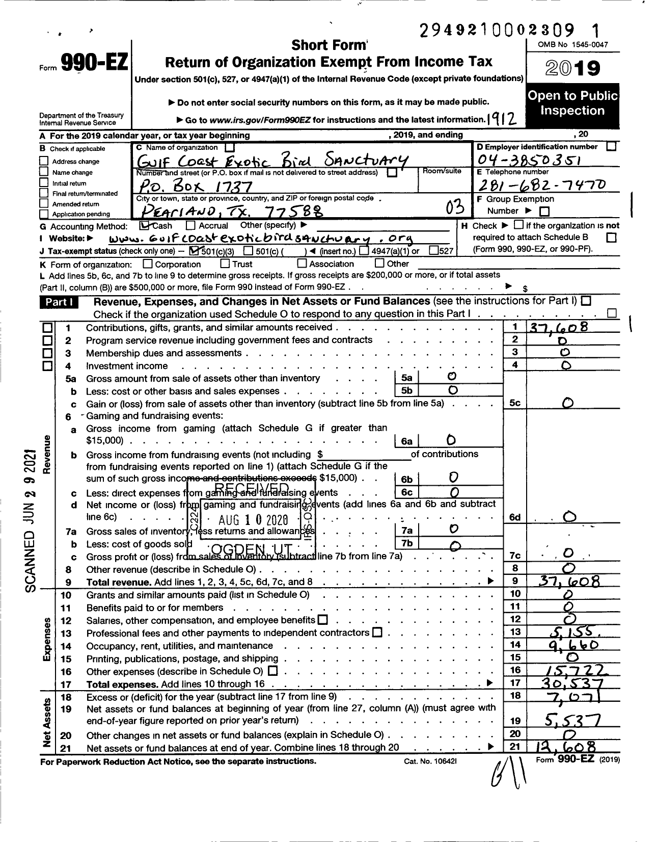 Image of first page of 2019 Form 990EZ for Gulf Coast Exotic Bird Sanctuary