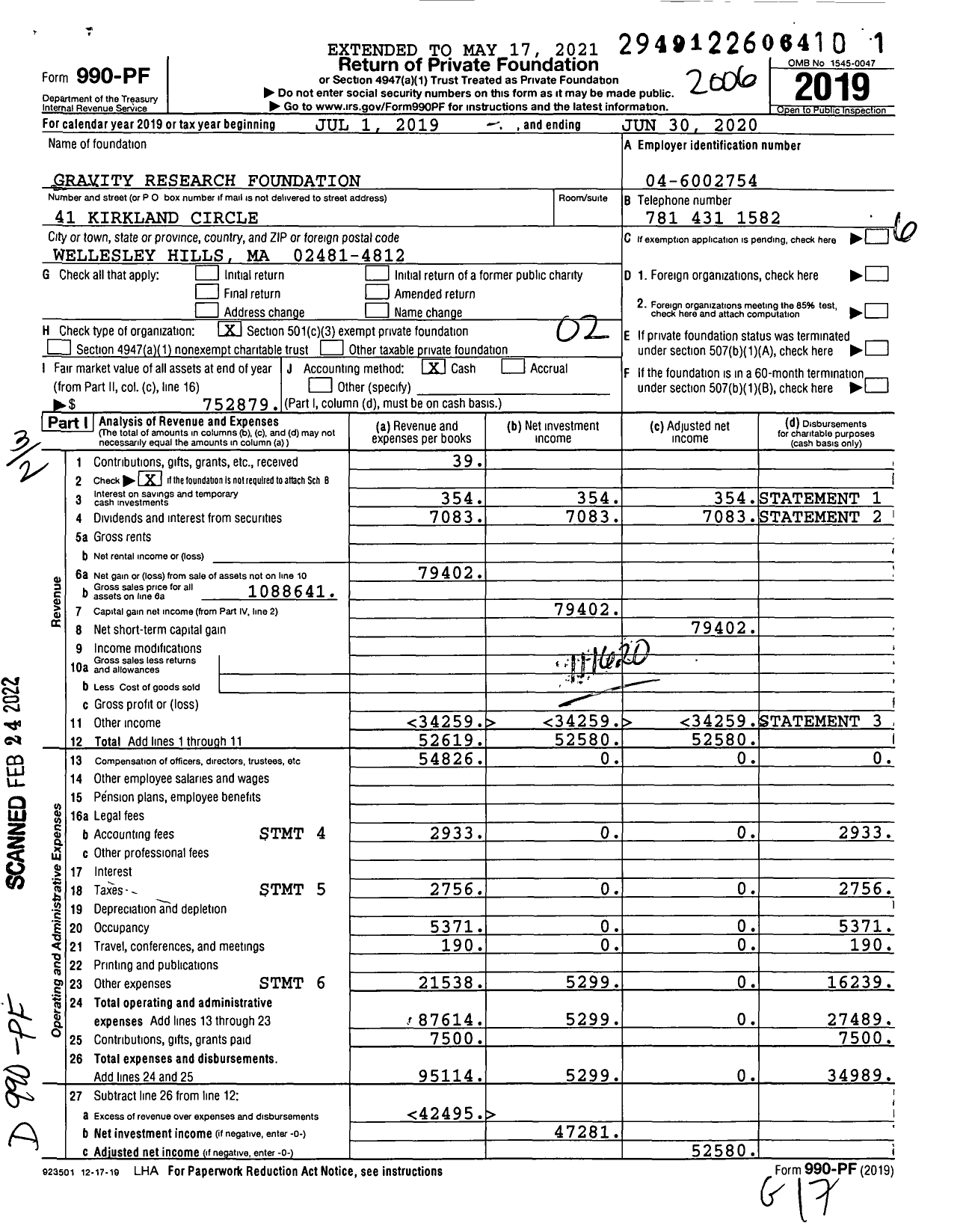 Image of first page of 2019 Form 990PF for Gravity Research Foundation