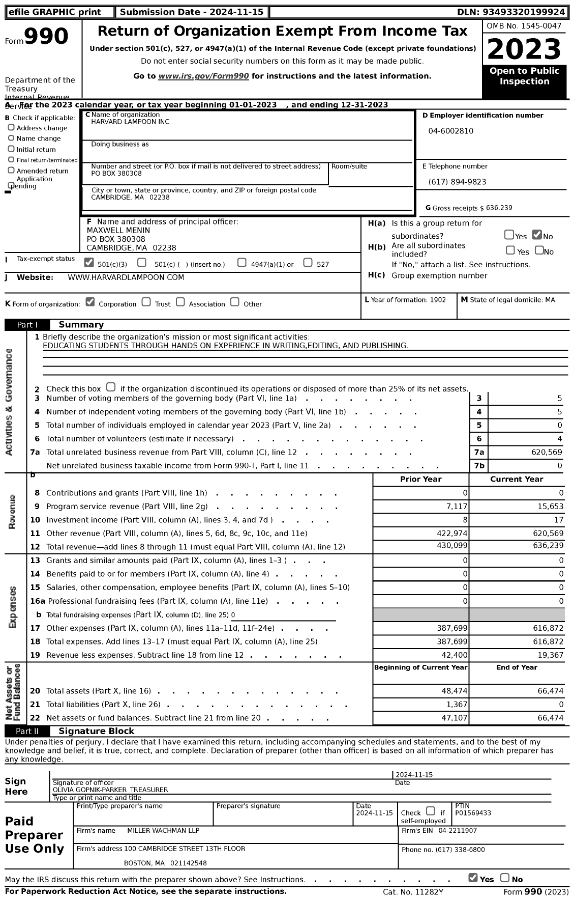 Image of first page of 2023 Form 990 for Harvard Lampoon