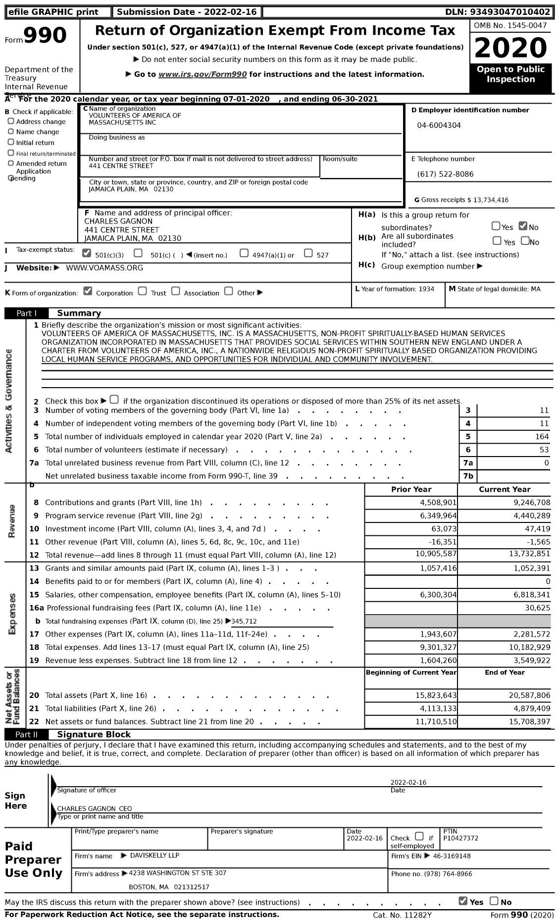 Image of first page of 2020 Form 990 for Volunteers of America - Volunteers of America of Massachusetts
