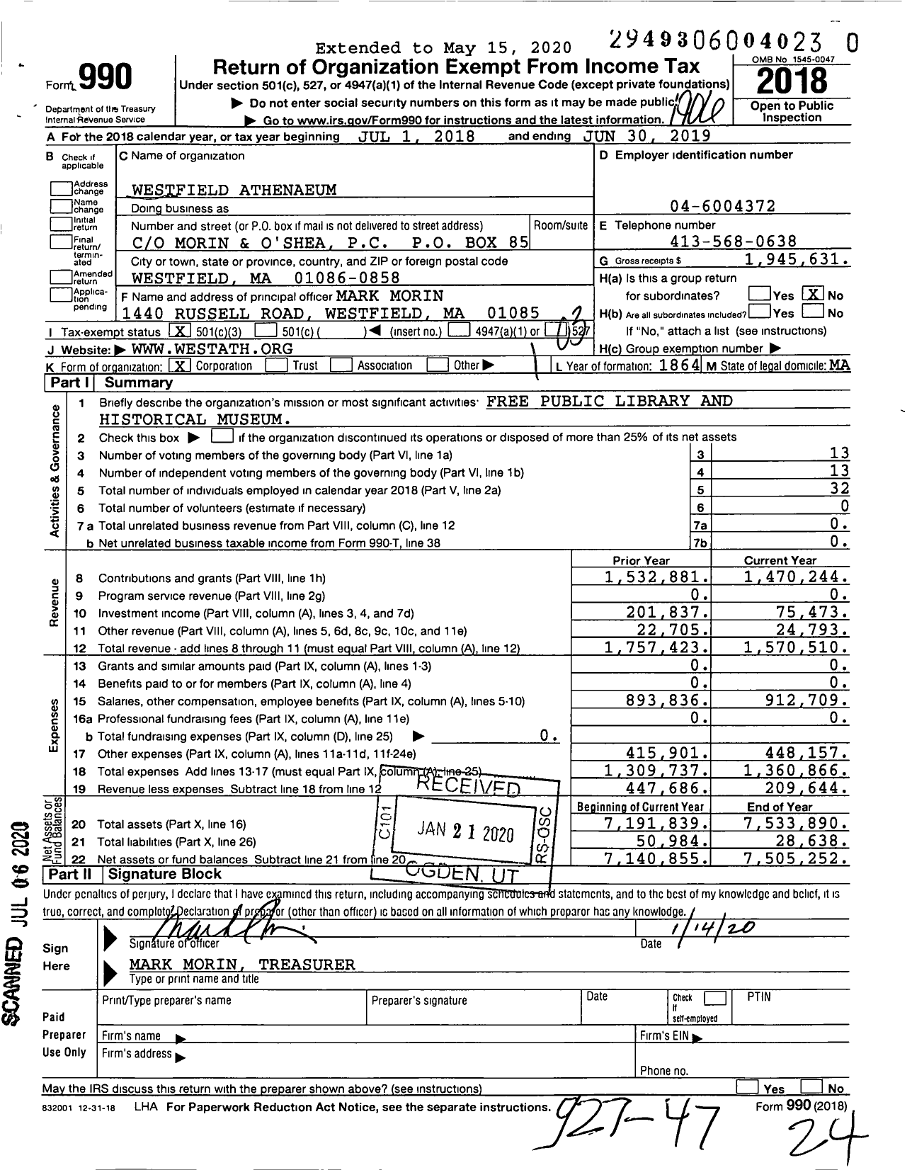 Image of first page of 2018 Form 990 for Westfield Athenaeum