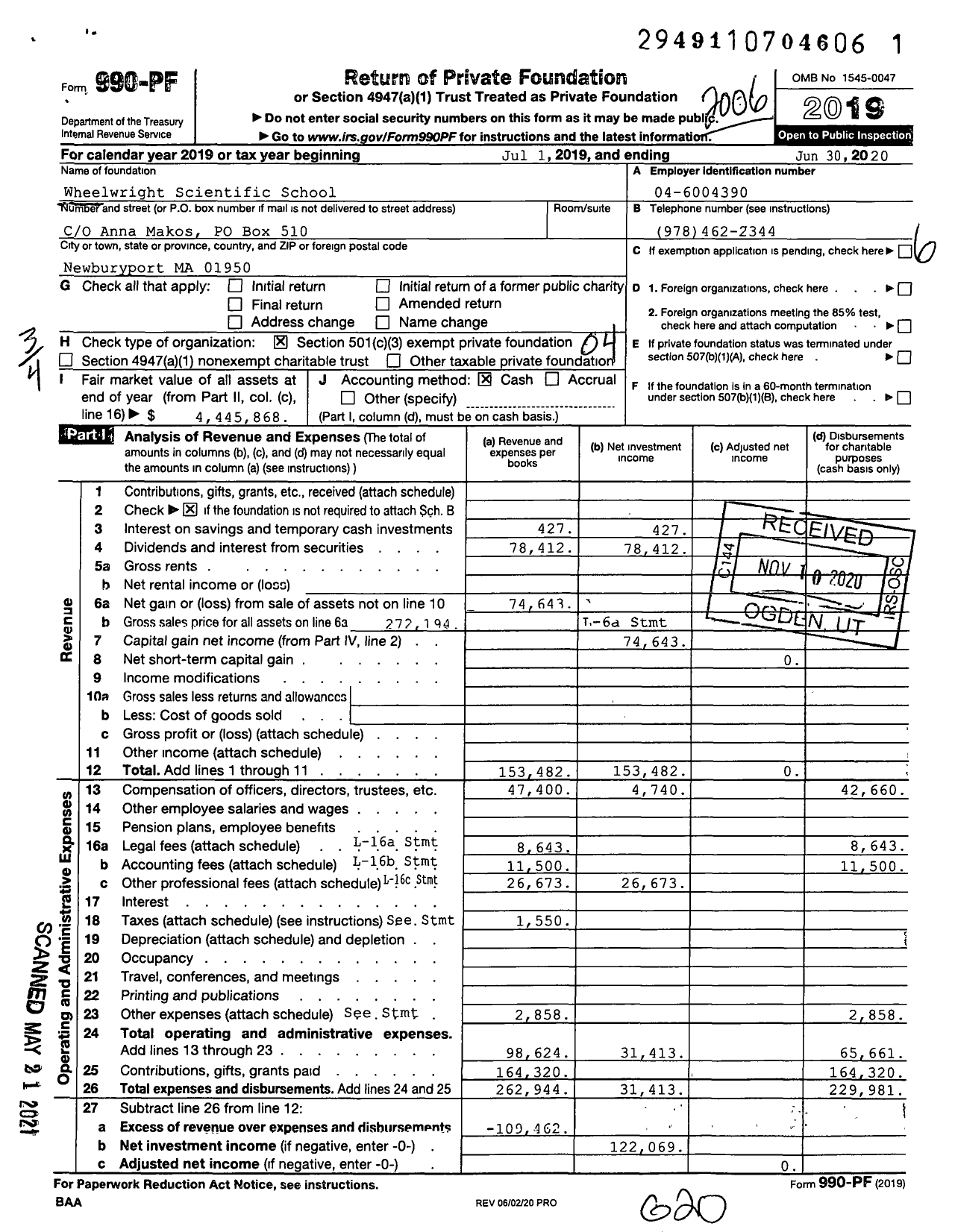 Image of first page of 2019 Form 990PF for Wheelwright Scientific School