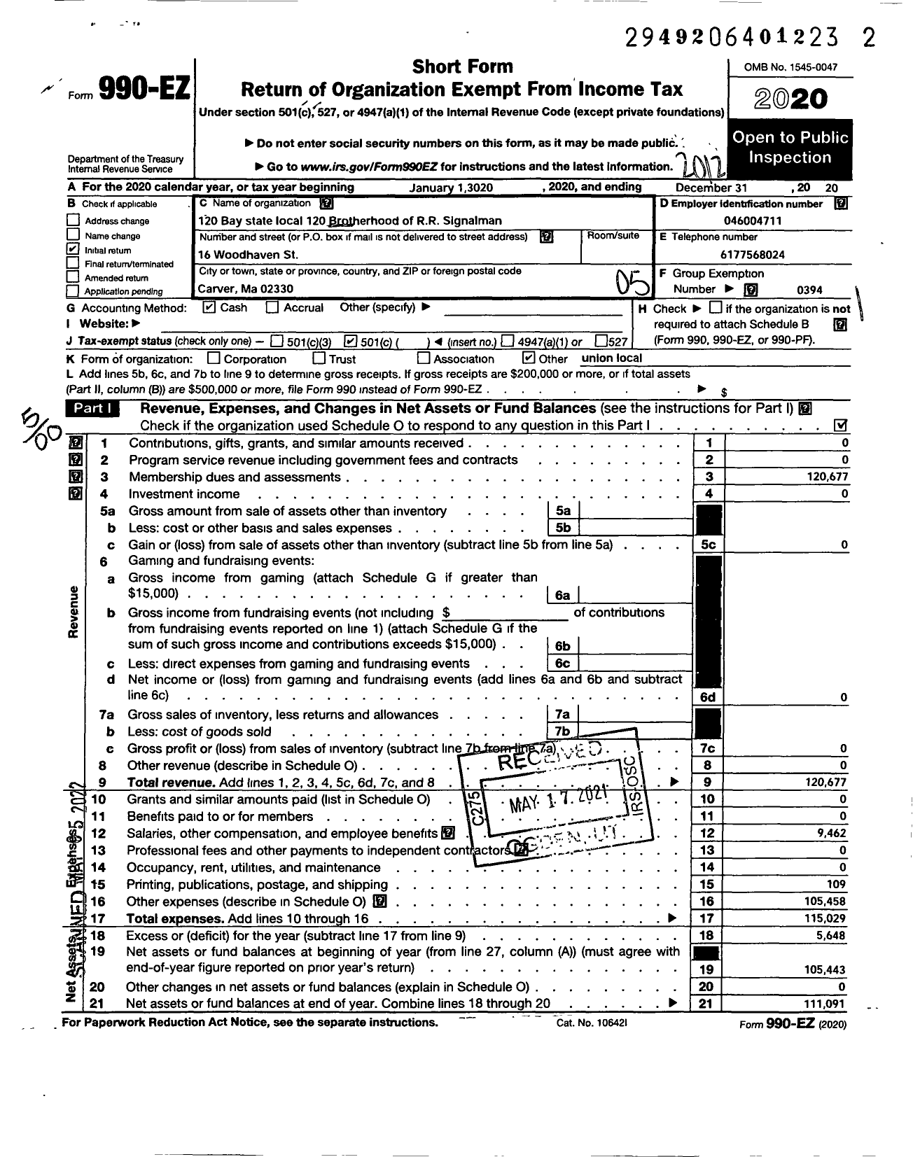 Image of first page of 2020 Form 990EO for Brotherhood of Railroad Signalmen - 120 Bay State Local