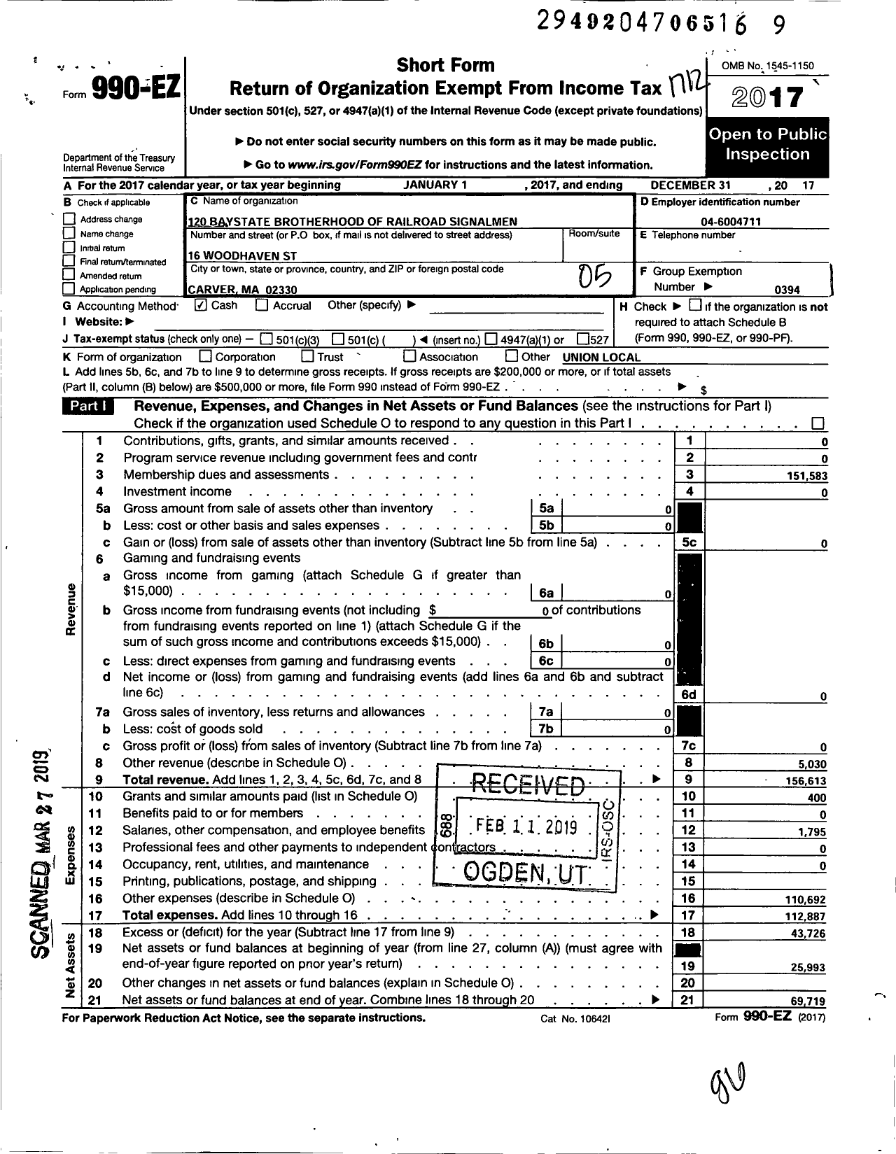 Image of first page of 2017 Form 990EO for Brotherhood of Railroad Signalmen - 120 Bay State Local