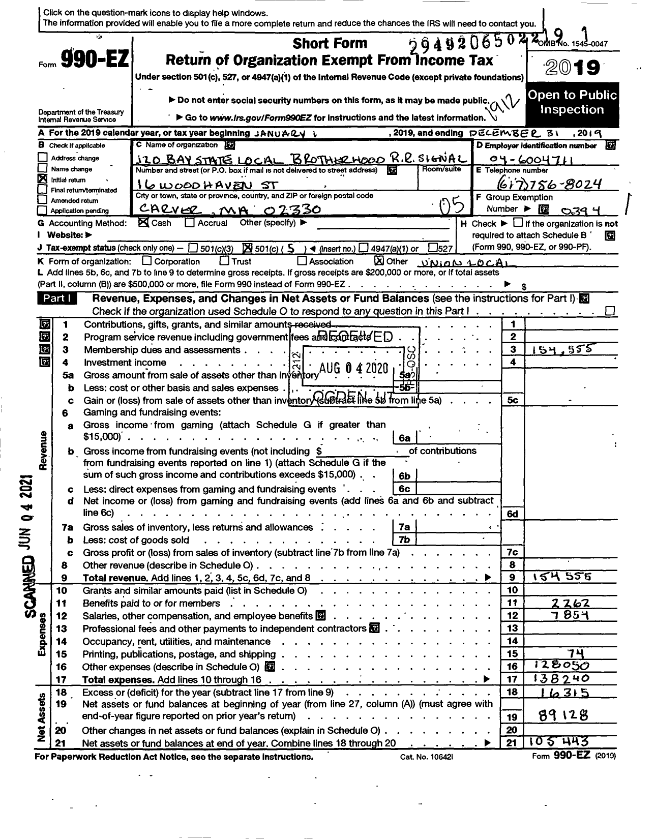 Image of first page of 2019 Form 990EO for Brotherhood of Railroad Signalmen - 120 Bay State Local