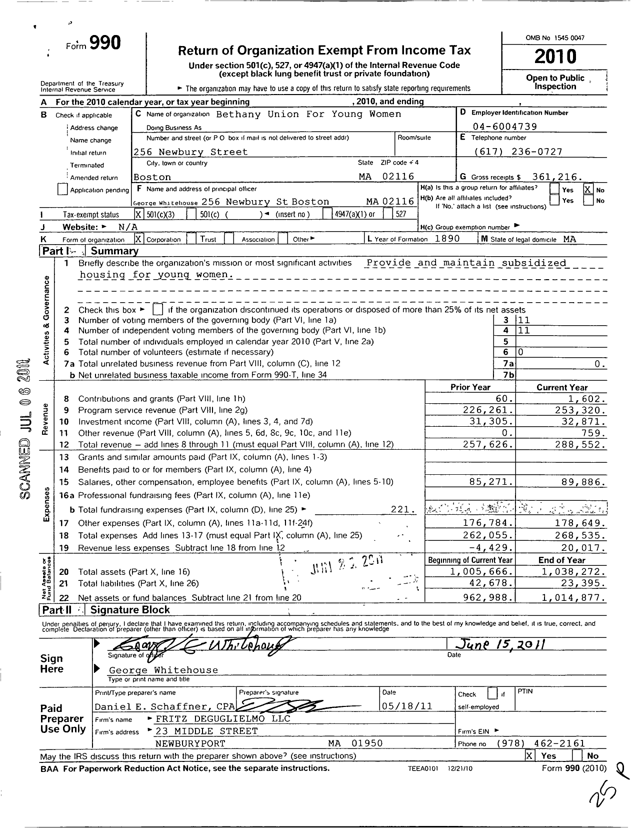 Image of first page of 2010 Form 990 for Bethany Union for Young Women