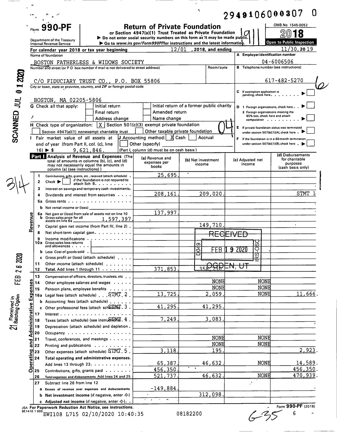 Image of first page of 2018 Form 990PR for Boston Fatherless and Widows Society