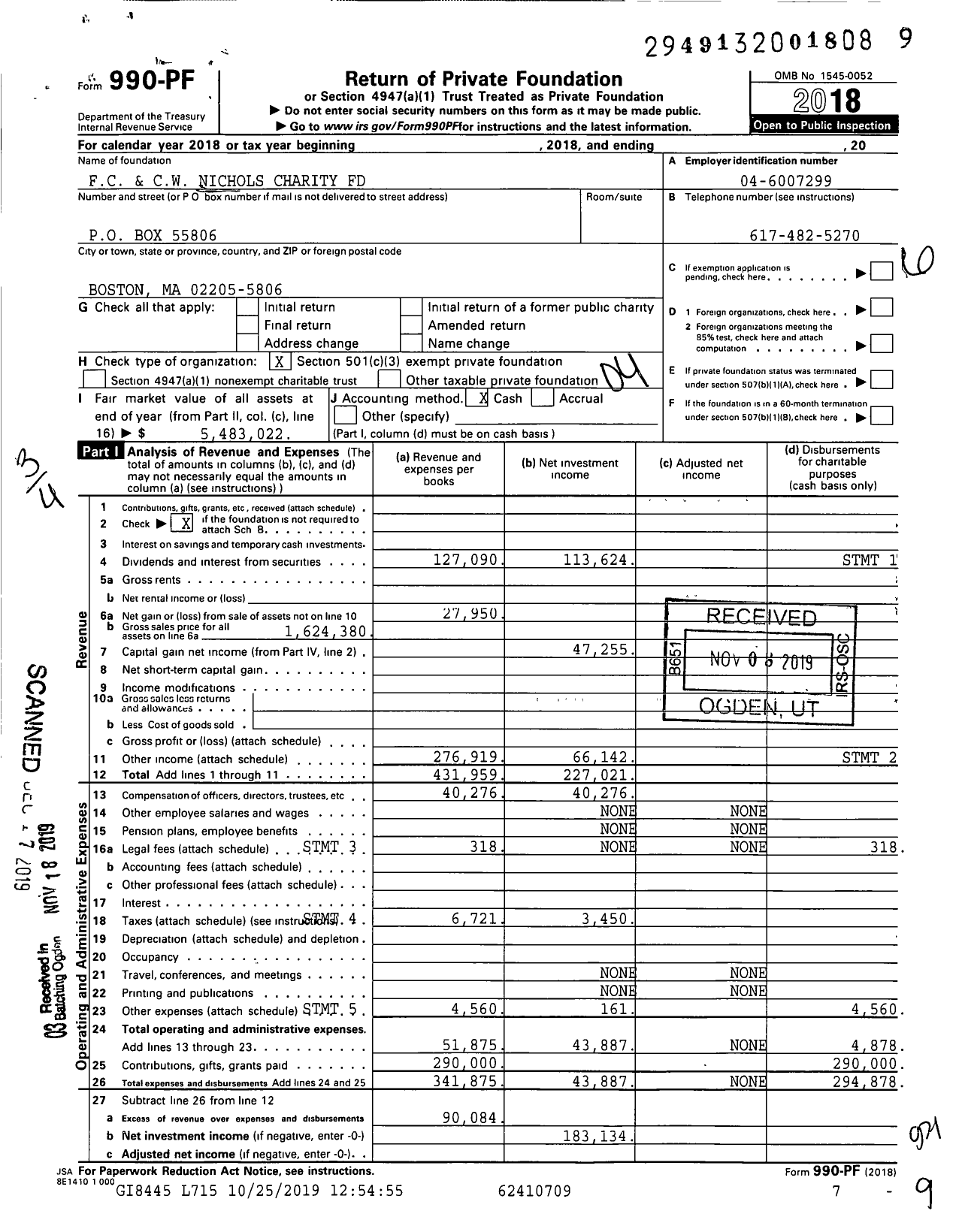 Image of first page of 2018 Form 990PF for FC and CW Nichols Charity Fund