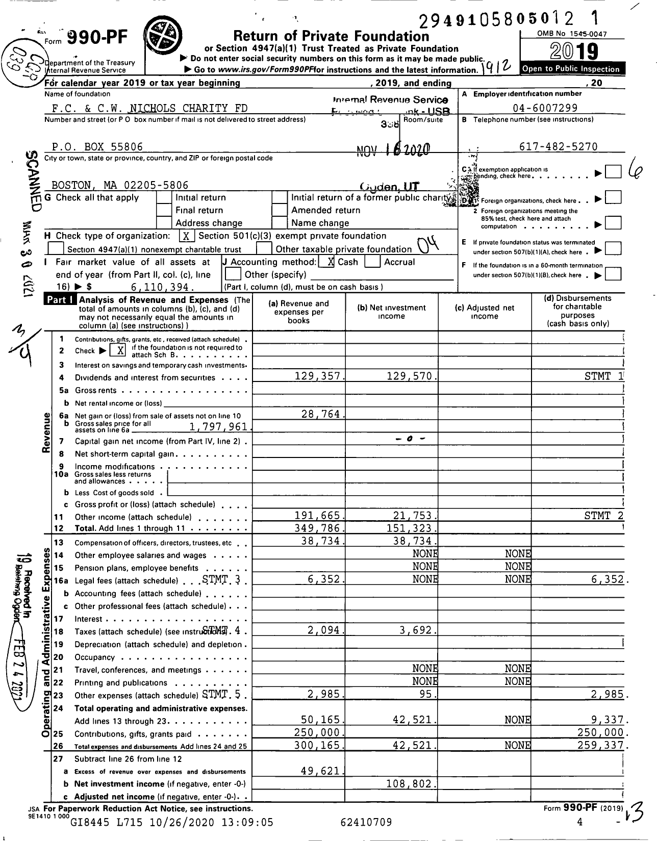 Image of first page of 2019 Form 990PF for FC and CW Nichols Charity Fund