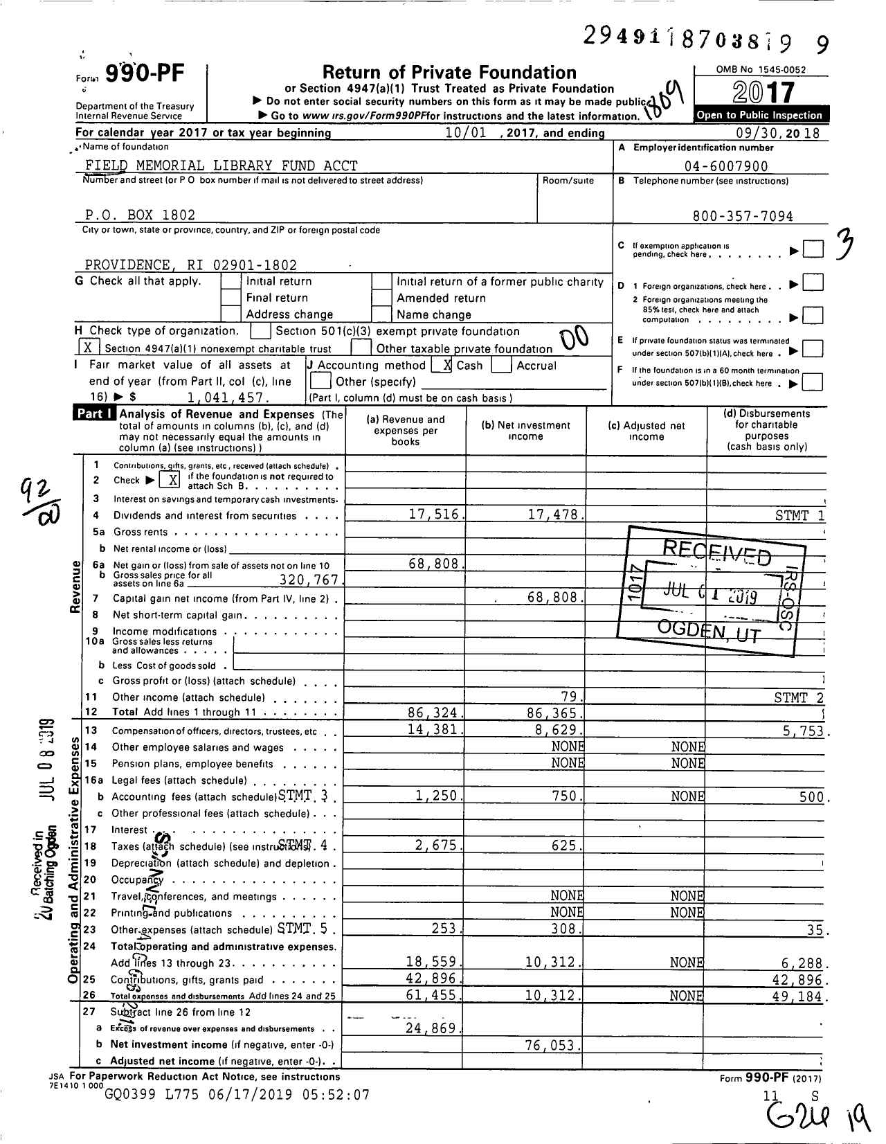 Image of first page of 2017 Form 990PF for Field Memorial Library Trust