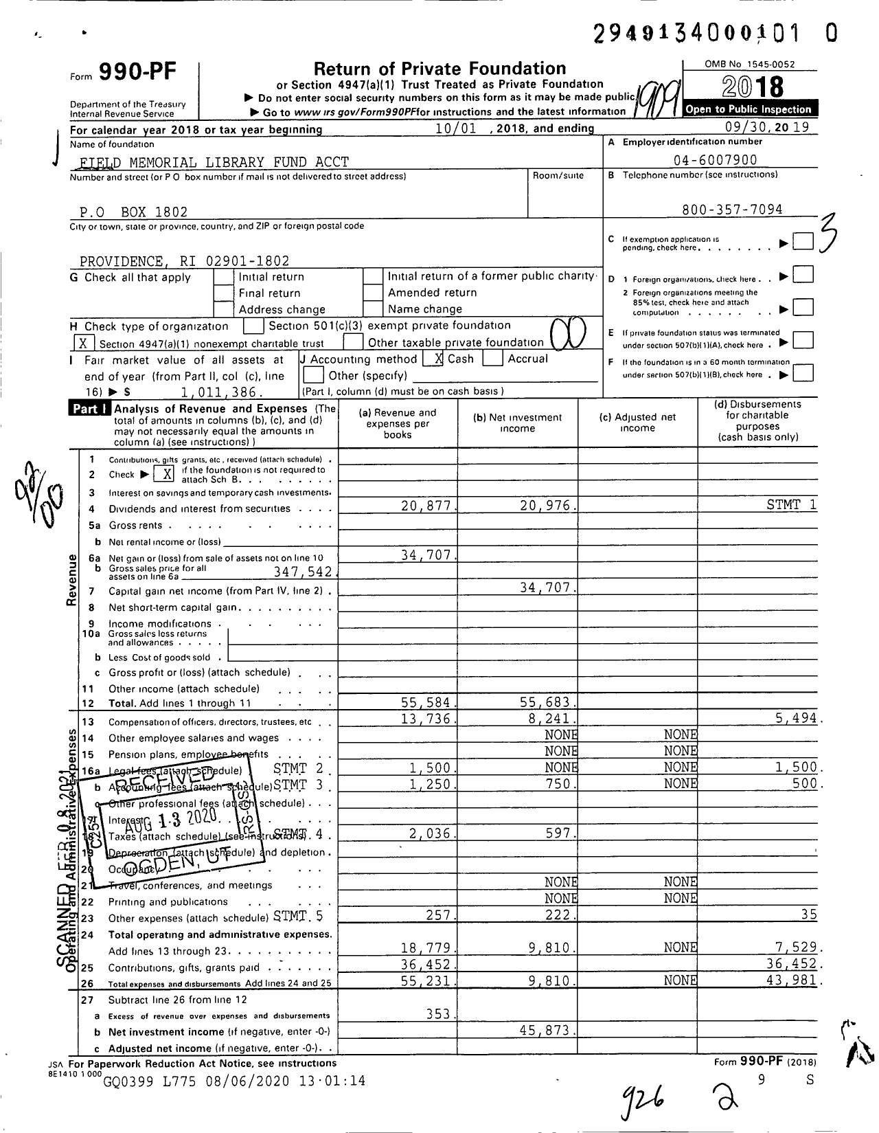 Image of first page of 2018 Form 990PF for Field Memorial Library Trust