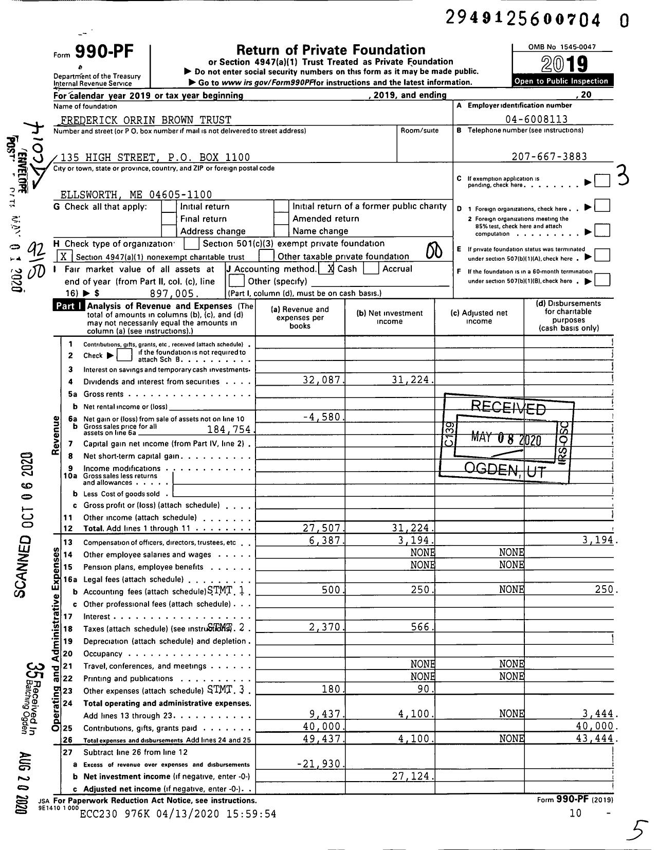 Image of first page of 2019 Form 990PR for Frederick Orrin Brown Trust