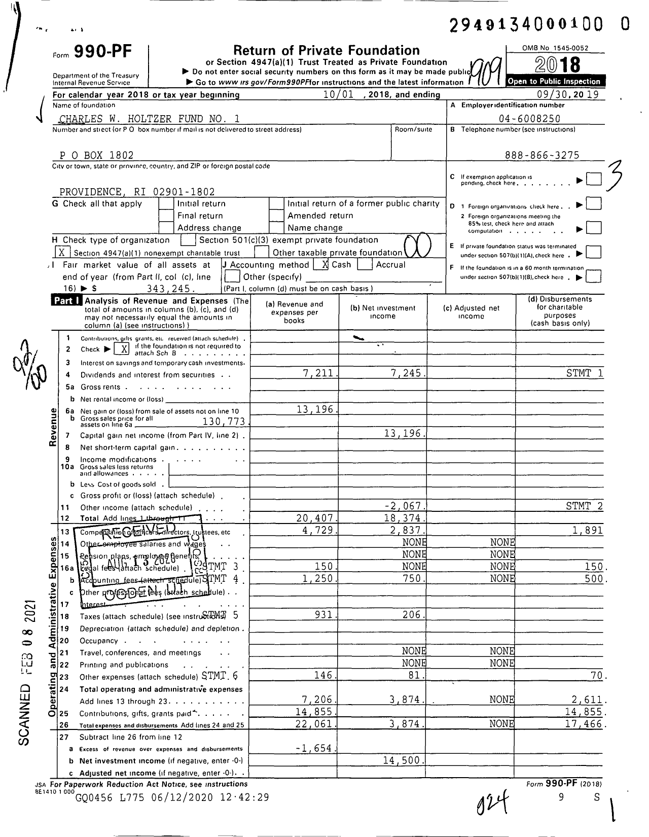 Image of first page of 2018 Form 990PF for Charles W Holtzer Fund No 1