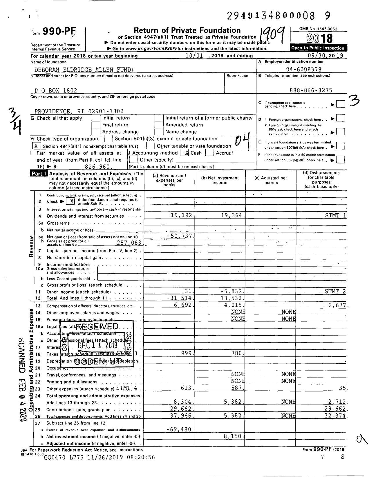 Image of first page of 2018 Form 990PF for Deborah Eldridge Allen Fund