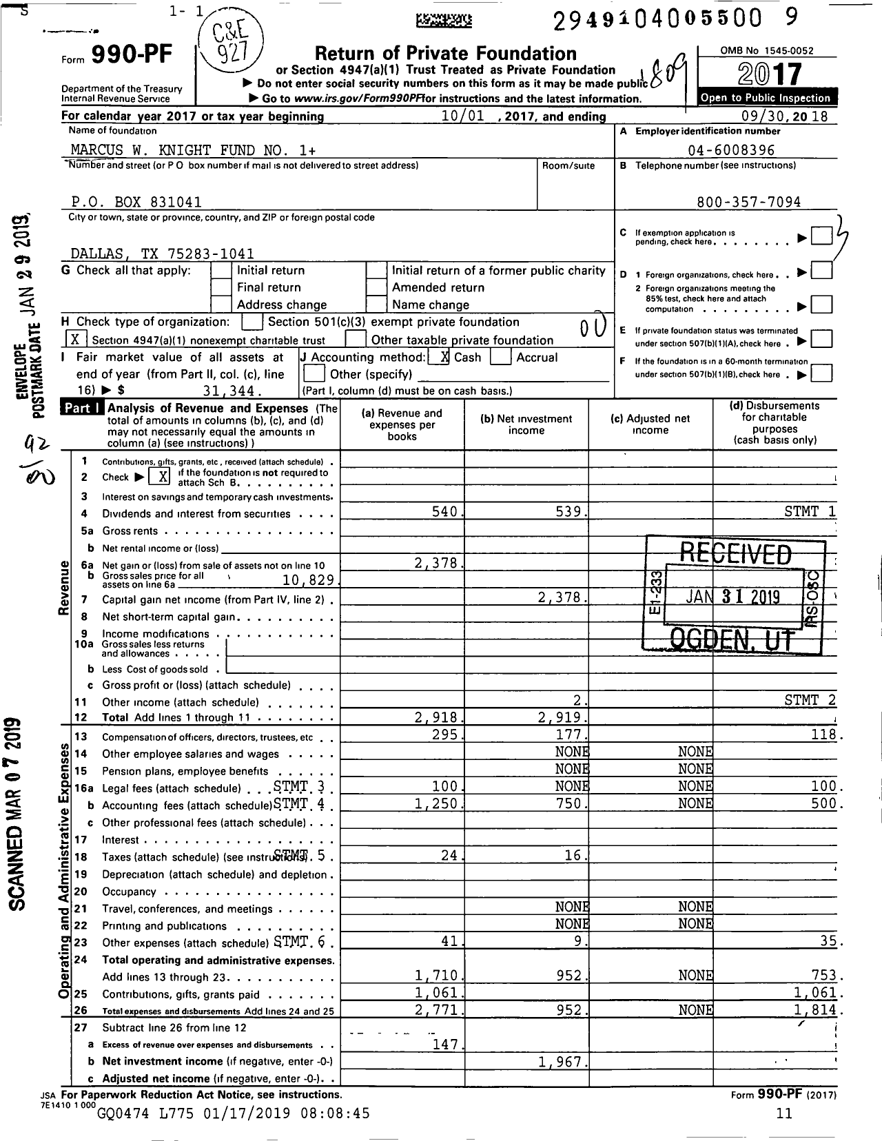 Image of first page of 2017 Form 990PF for Marcus W Knight Fund No 1